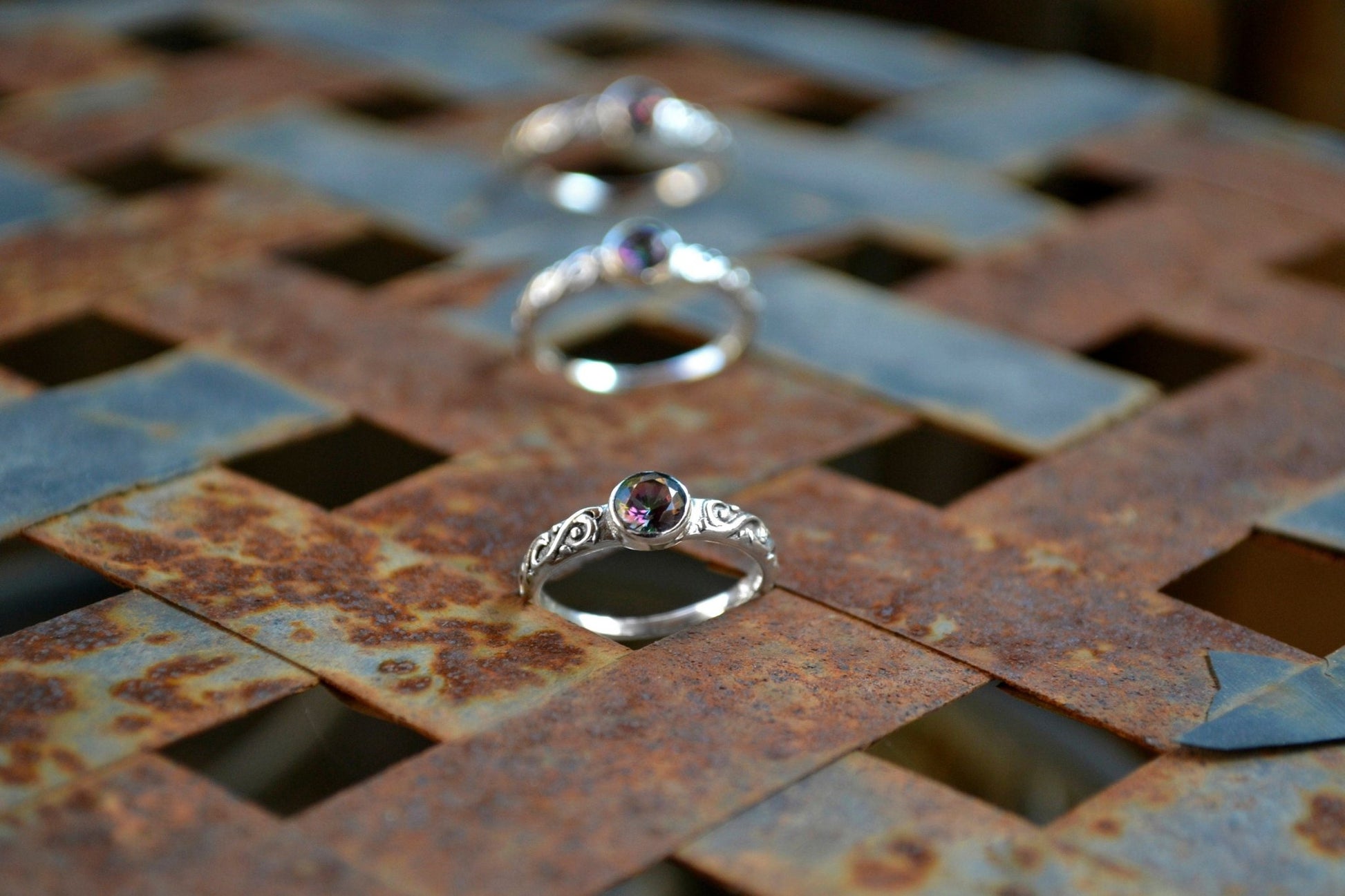 Mystic Quartz Sterling Silver Ring: Celtic Style Band, Dainty Stacking Ring - LunarGem - Rings
