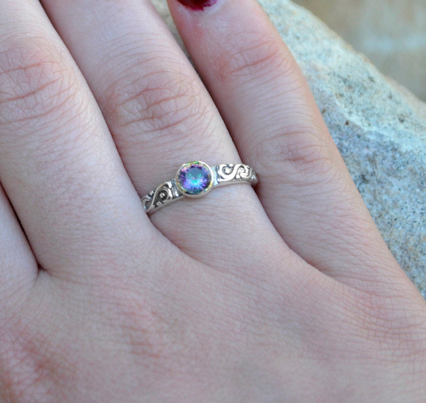 Mystic Quartz Sterling Silver Ring: Celtic Style Band, Dainty Stacking Ring - LunarGem - Rings