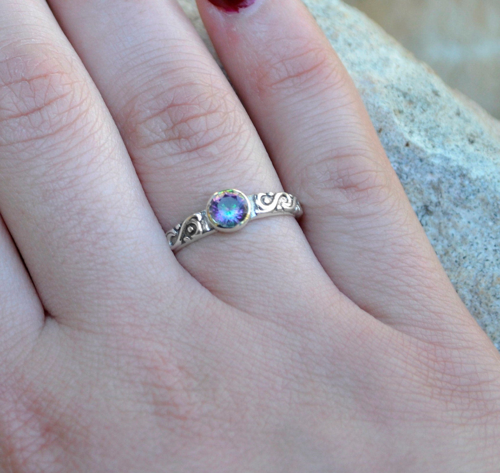 Mystic Quartz Sterling Silver Ring: Celtic Style Band, Dainty Stacking Ring - LunarGem - Rings