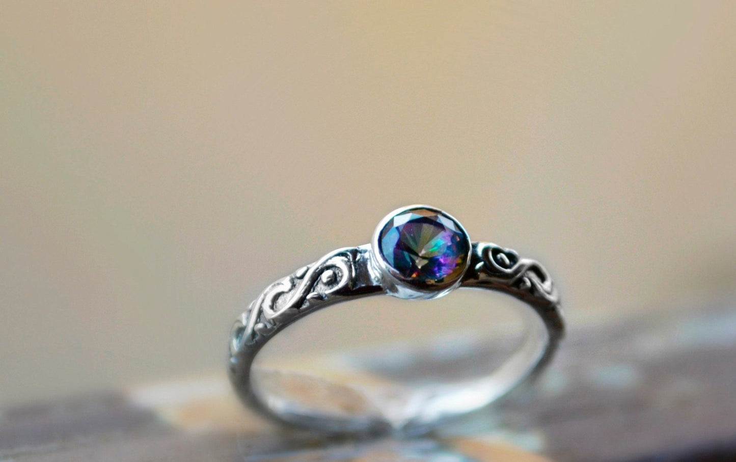 Mystic Quartz Sterling Silver Ring: Celtic Style Band, Dainty Stacking Ring - LunarGem - Rings