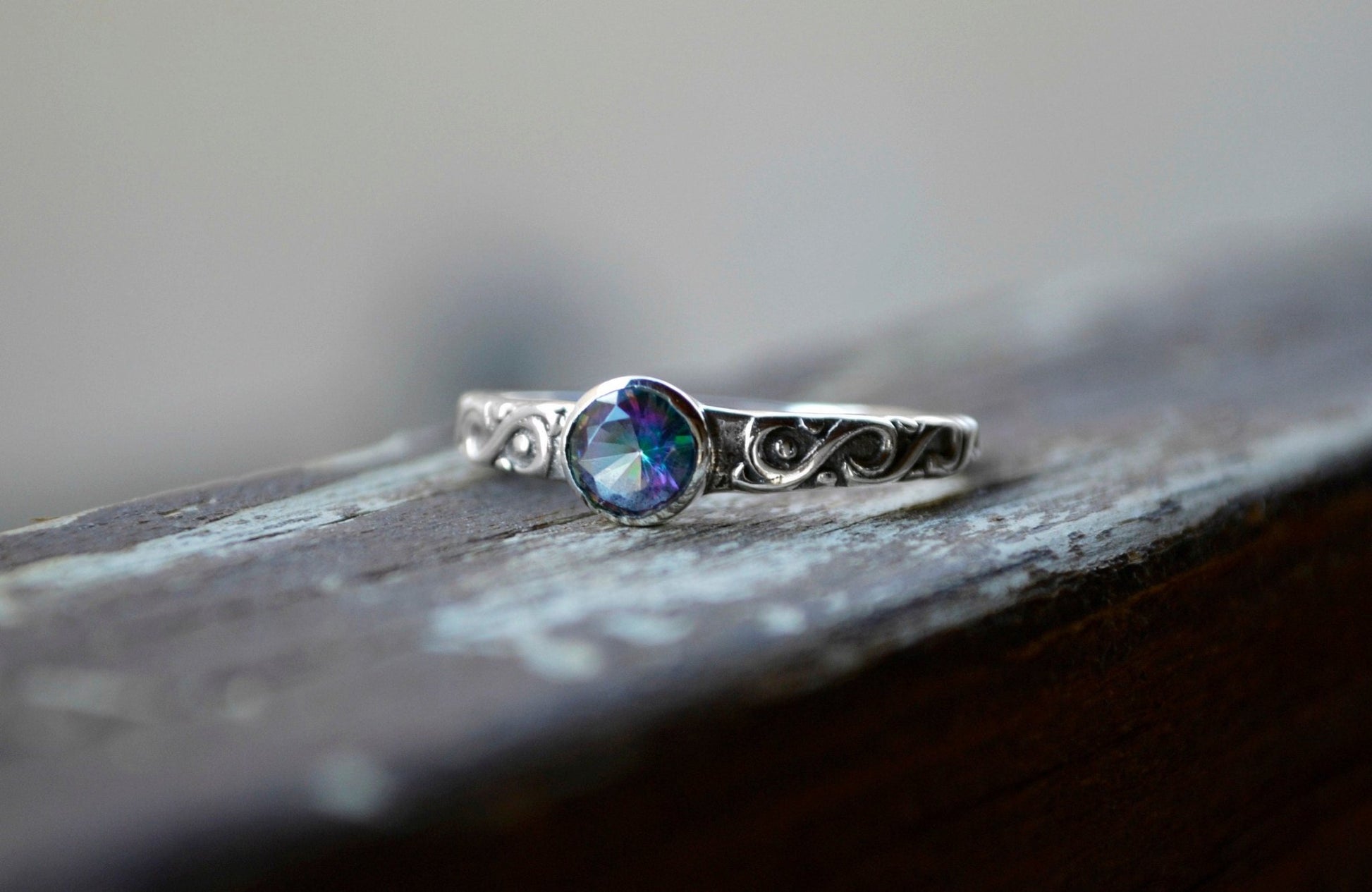 Mystic Quartz Sterling Silver Ring: Celtic Style Band, Dainty Stacking Ring - LunarGem - Rings