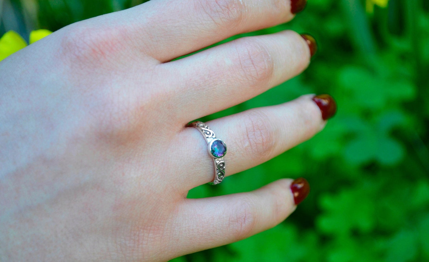 Mystic Quartz Sterling Silver Ring: Celtic Style Band, Dainty Stacking Ring - LunarGem - Rings