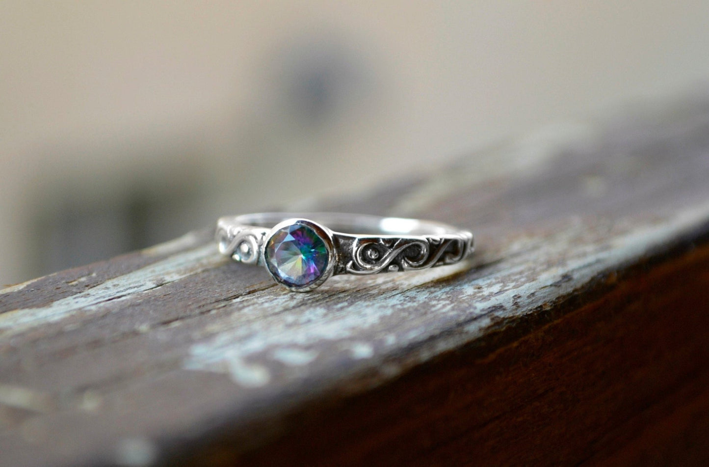 Mystic Quartz Sterling Silver Ring: Celtic Style Band, Dainty Stacking Ring - LunarGem - Rings
