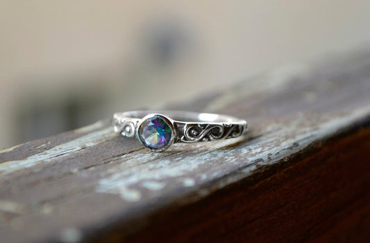 Mystic Quartz Sterling Silver Ring: Celtic Style Band, Dainty Stacking Ring - LunarGem - Rings