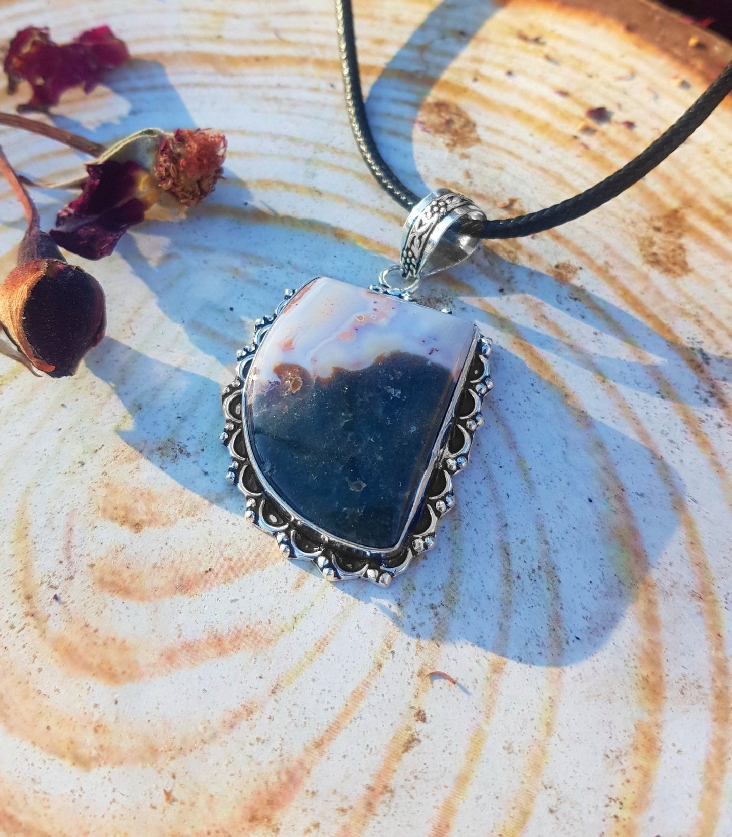 Natural Agate Pendant, Top Grade Agate Necklace In Sterling Silver One Of A Kind - LunarGem - 