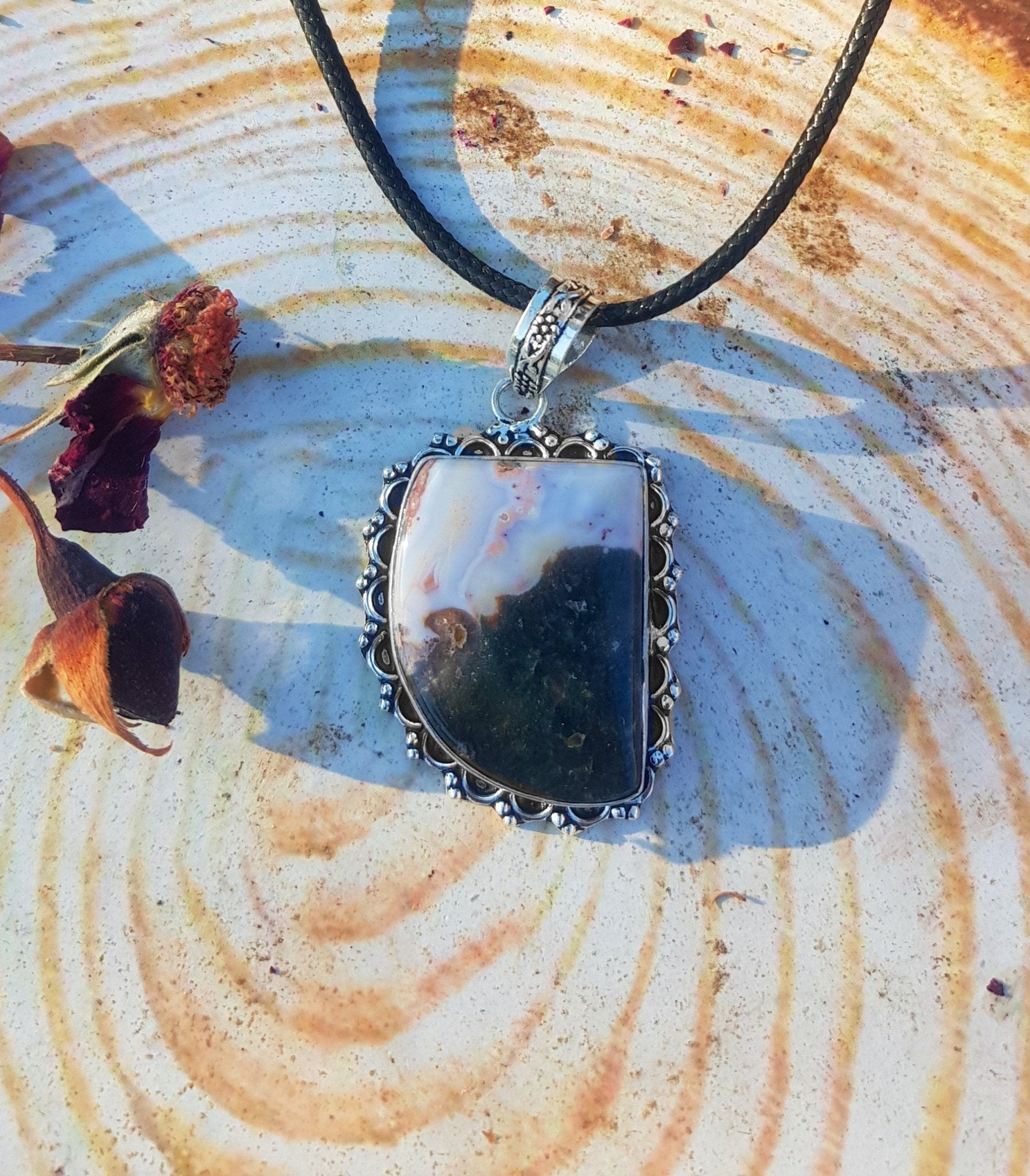 Natural Agate Pendant, Top Grade Agate Necklace In Sterling Silver One Of A Kind - LunarGem - 