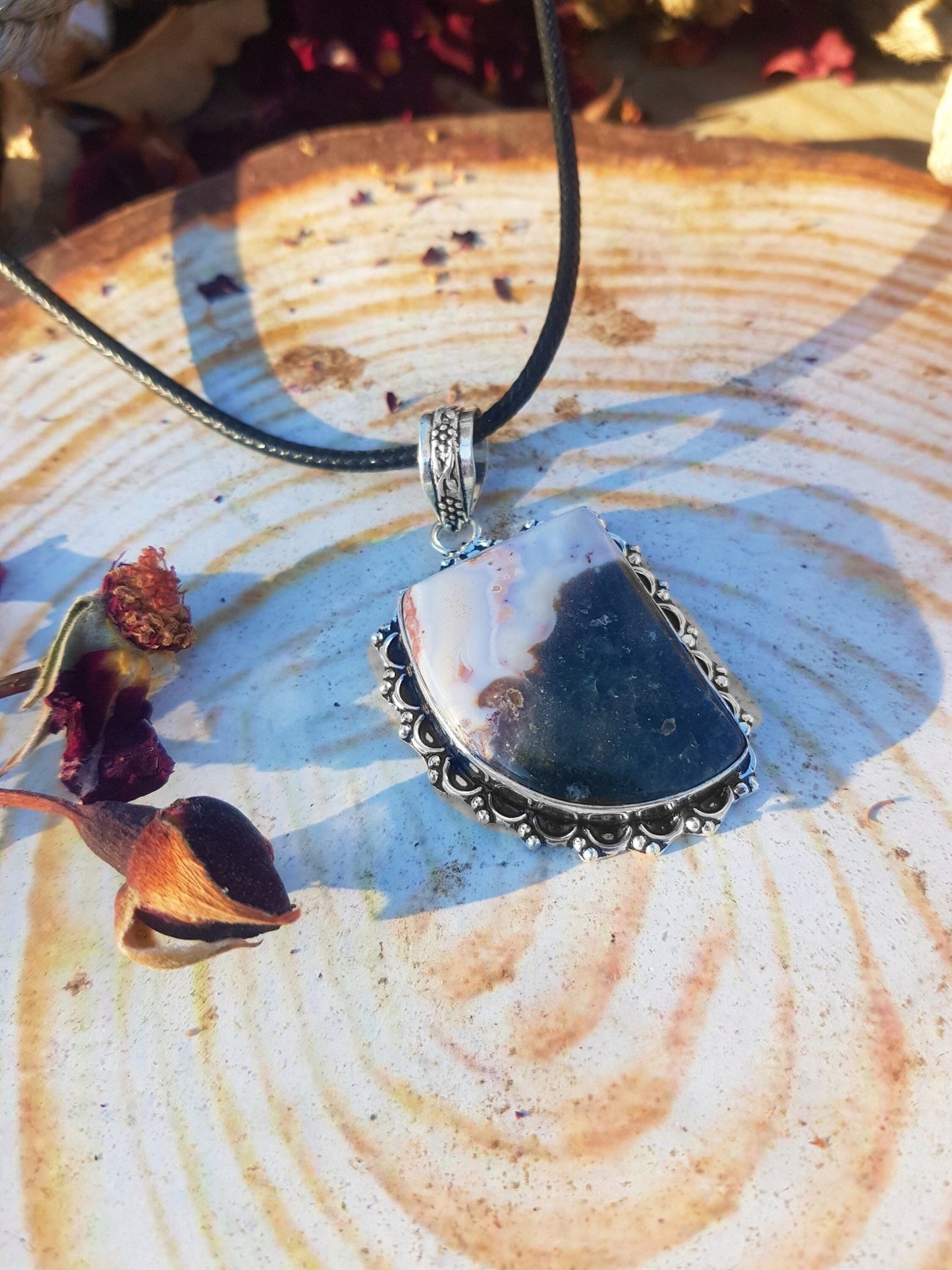 Natural Agate Pendant, Top Grade Agate Necklace In Sterling Silver One Of A Kind - LunarGem - 