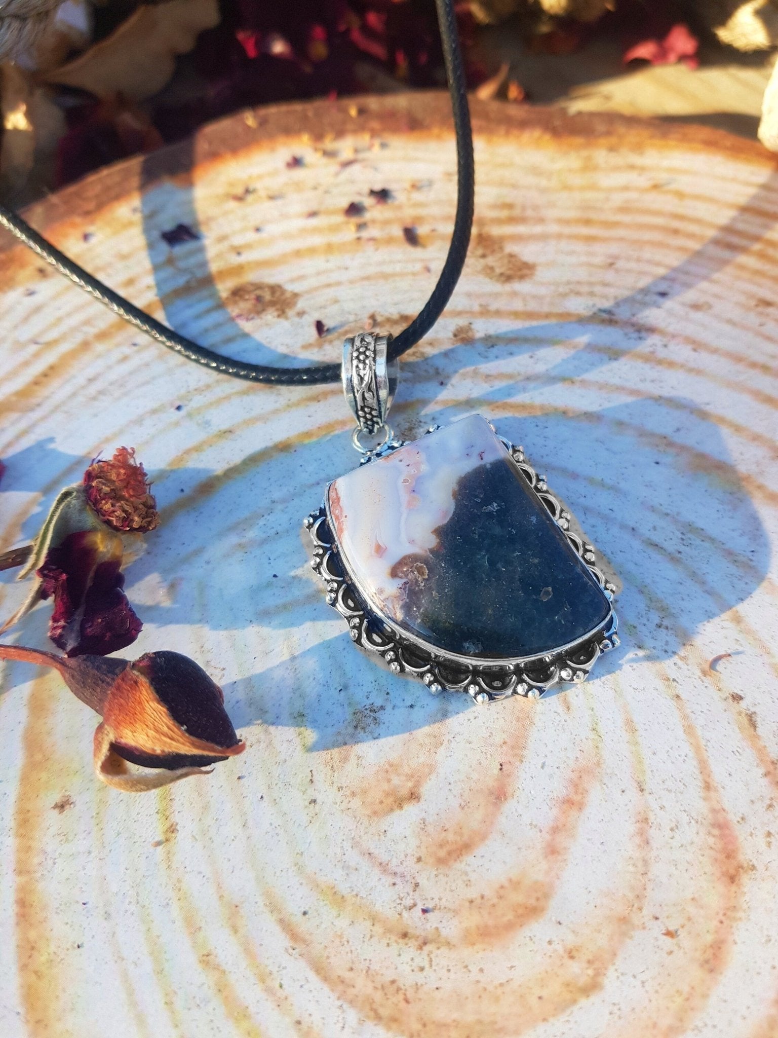 Natural Agate Pendant, Top Grade Agate Necklace In Sterling Silver One Of A Kind - LunarGem - 