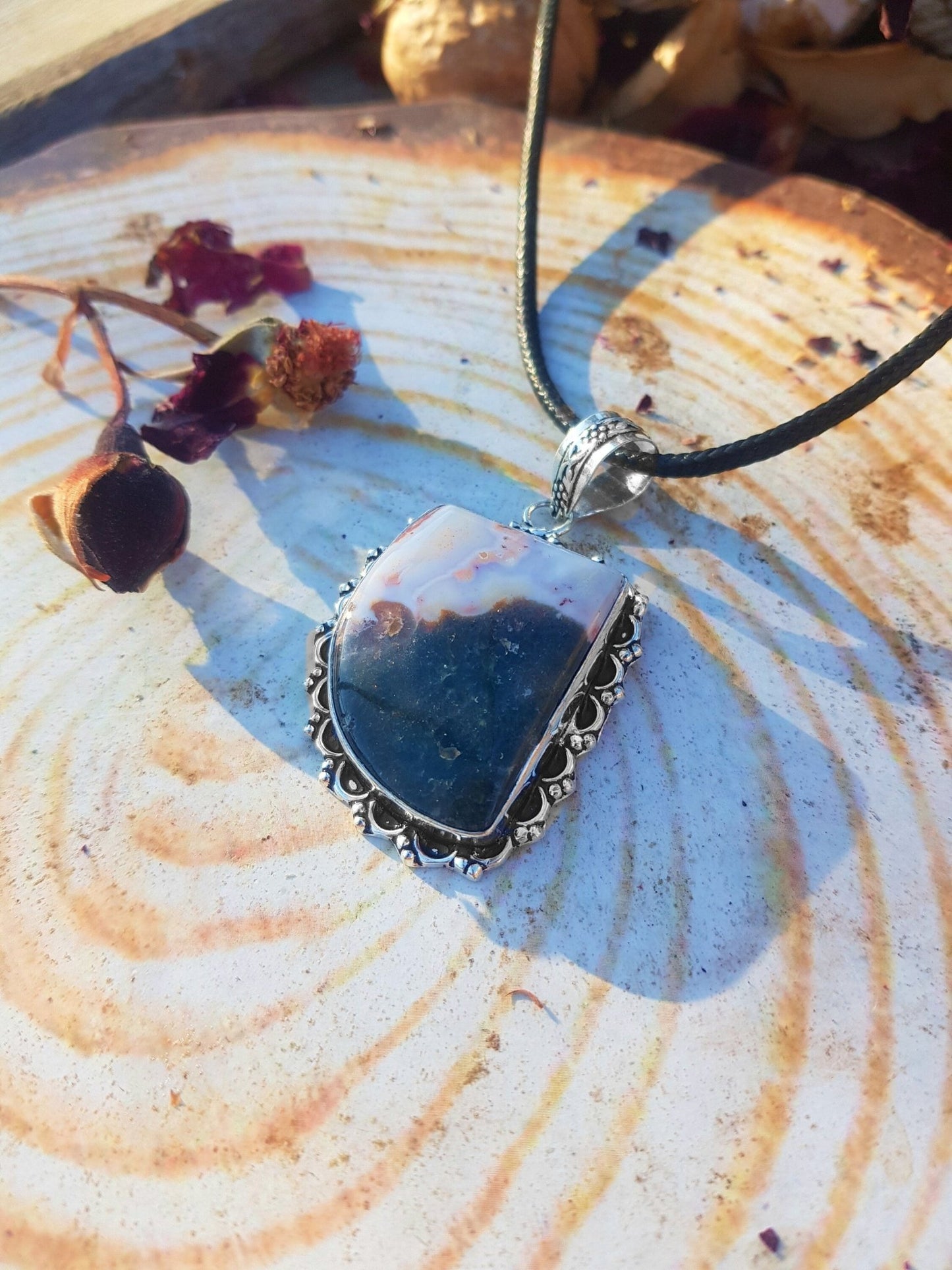 Natural Agate Pendant, Top Grade Agate Necklace In Sterling Silver One Of A Kind - LunarGem - 