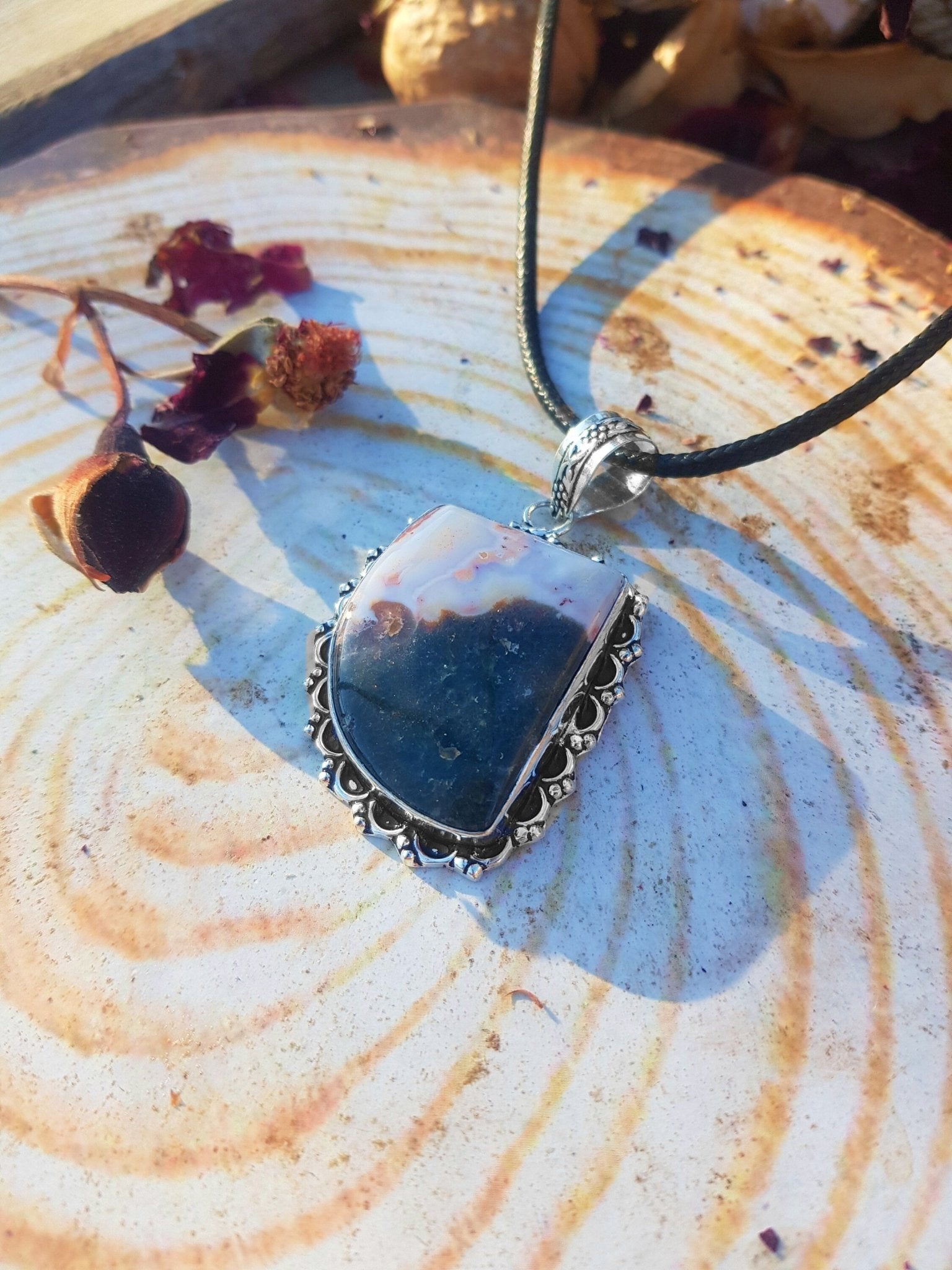 Natural Agate Pendant, Top Grade Agate Necklace In Sterling Silver One Of A Kind - LunarGem - 