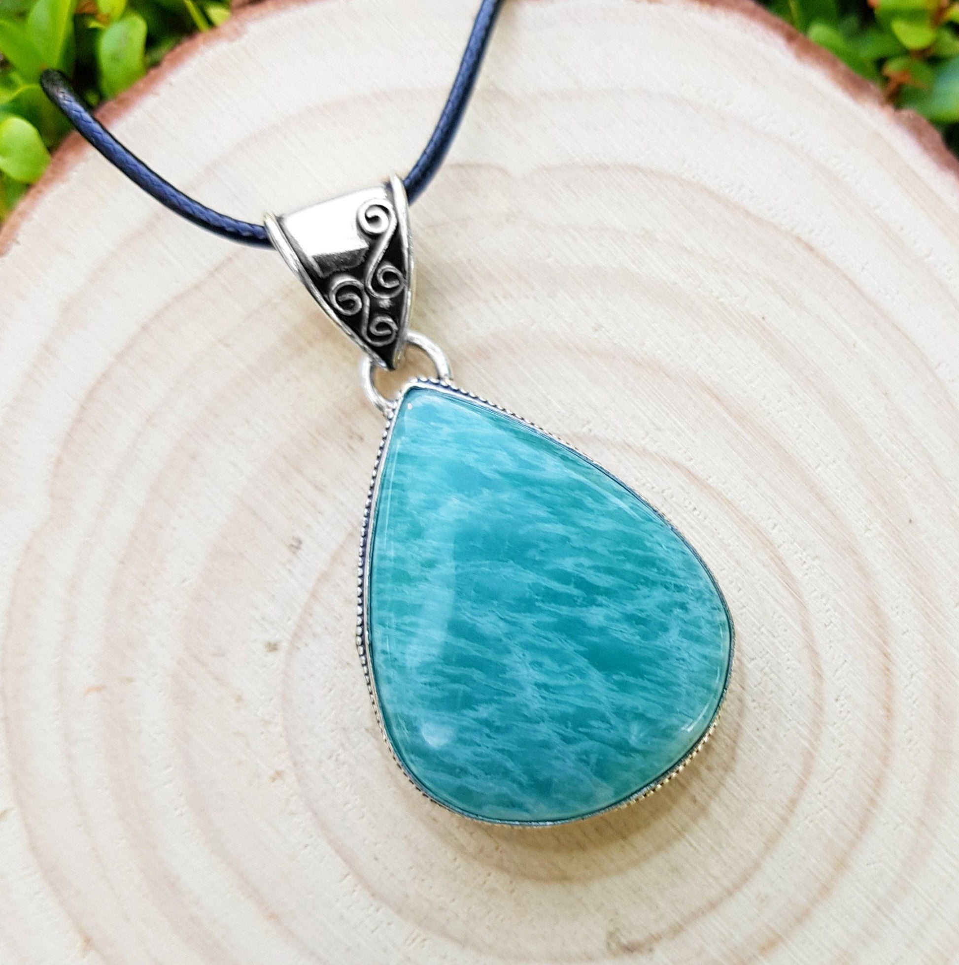 Natural Amazonite Teardrop Pendant In Sterling Silver Oval Statement Necklace Boho Jewelry GypsyJewelry - LunarGem - Necklaces
