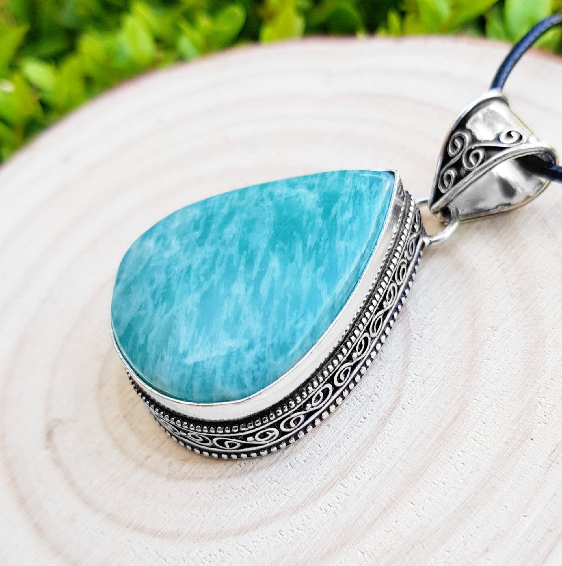 Natural Amazonite Teardrop Pendant In Sterling Silver Oval Statement Necklace Boho Jewelry GypsyJewelry - LunarGem - Necklaces