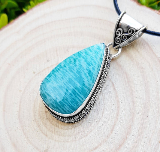 Natural Amazonite Teardrop Pendant In Sterling Silver Oval Statement Necklace Boho Jewelry GypsyJewelry - LunarGem - Necklaces