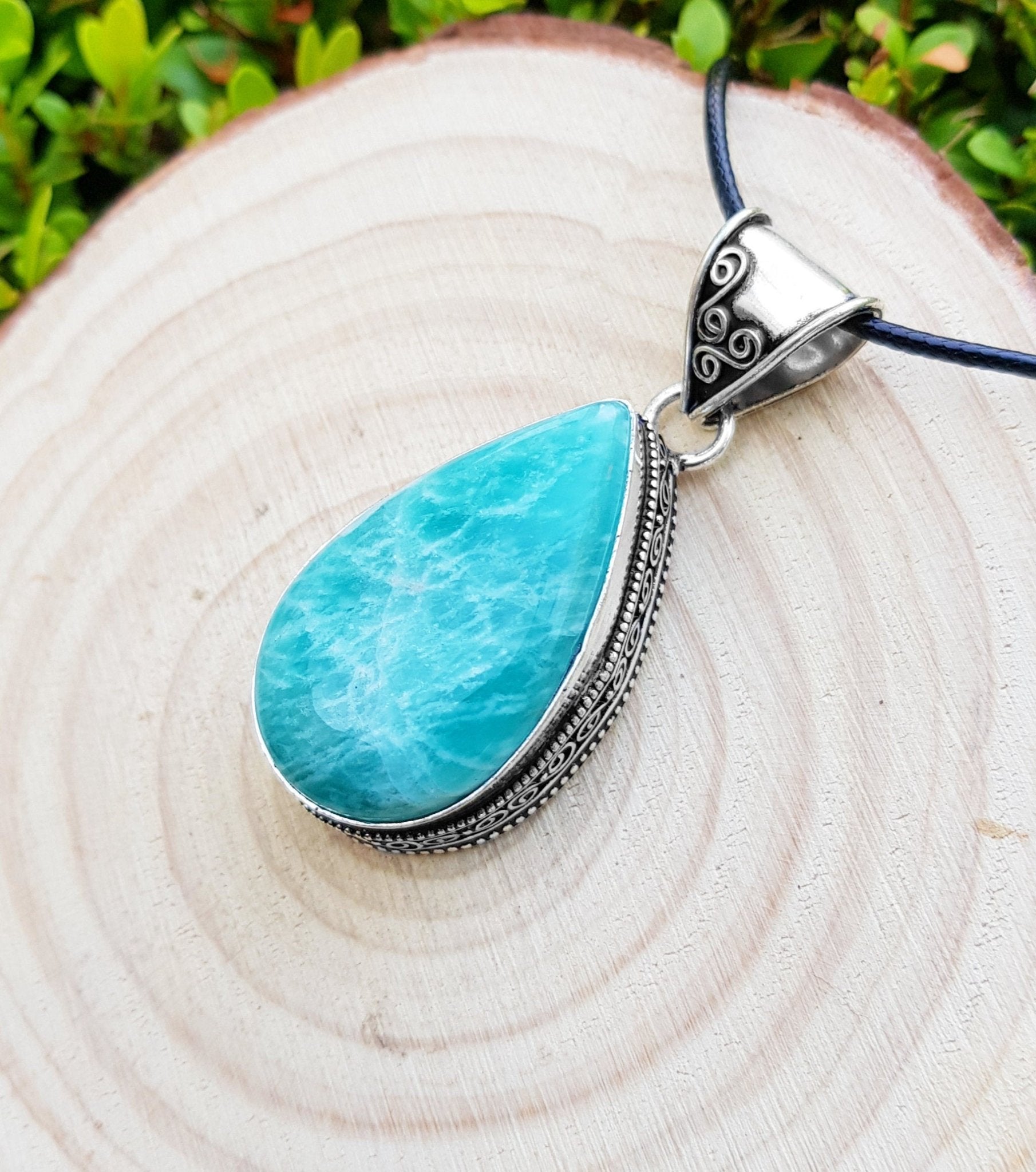 Natural Amazonite Teardrop Pendant In Sterling Silver Oval Statement Necklace Boho Jewelry GypsyJewelry - LunarGem - Necklaces