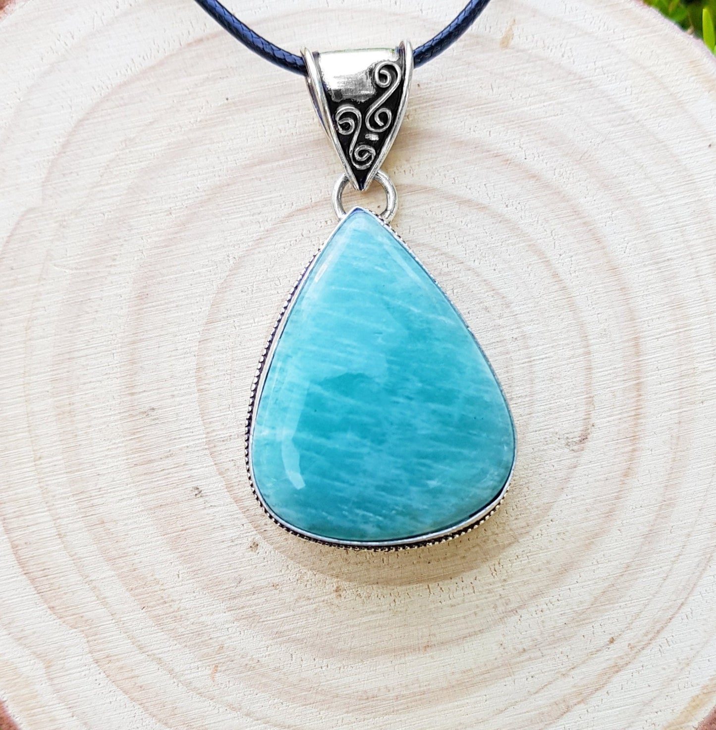 Natural Amazonite Teardrop Pendant In Sterling Silver Oval Statement Necklace Boho Jewelry GypsyJewelry - LunarGem - Necklaces