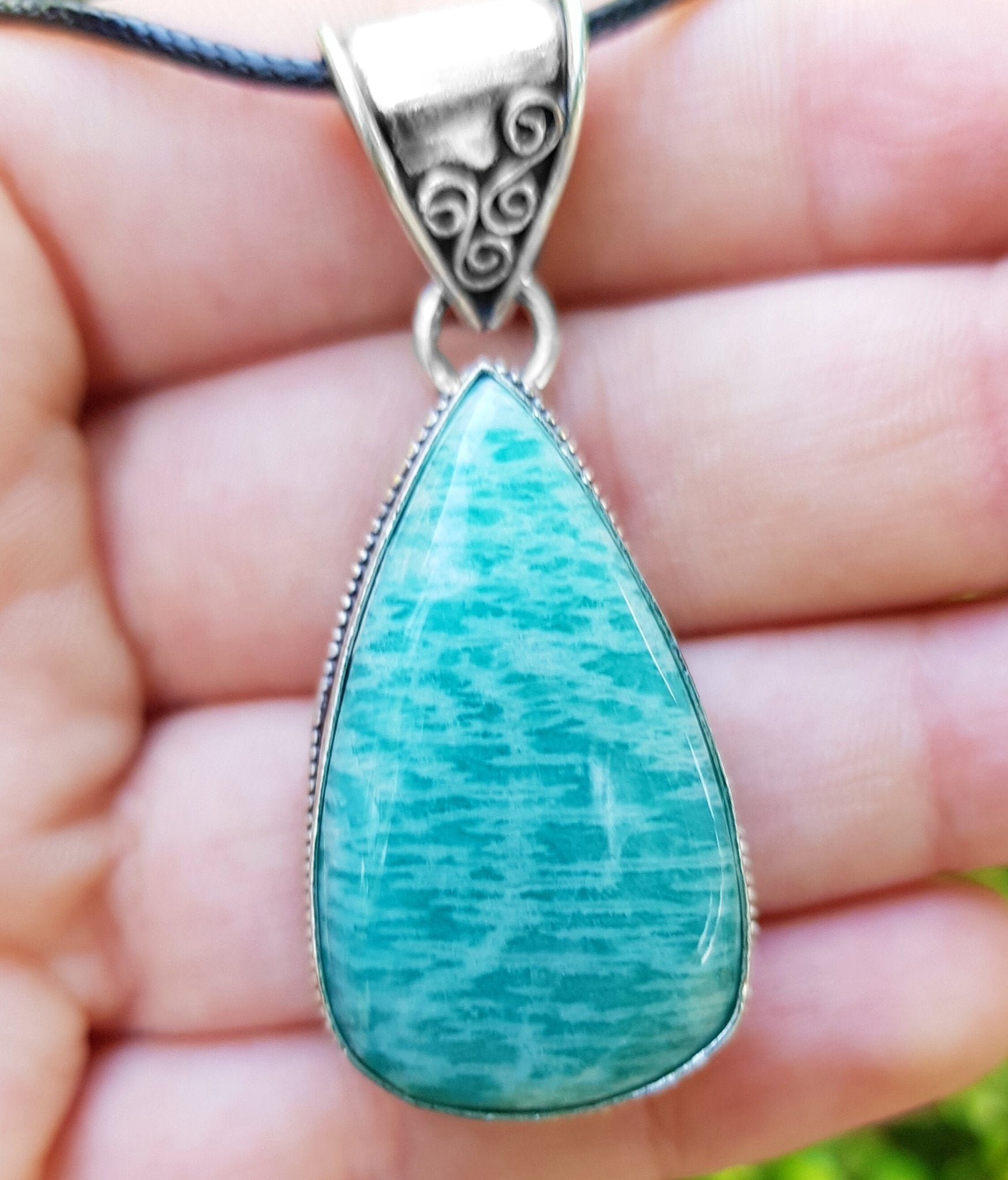Natural Amazonite Teardrop Pendant In Sterling Silver Oval Statement Necklace Boho Jewelry GypsyJewelry - LunarGem - Necklaces