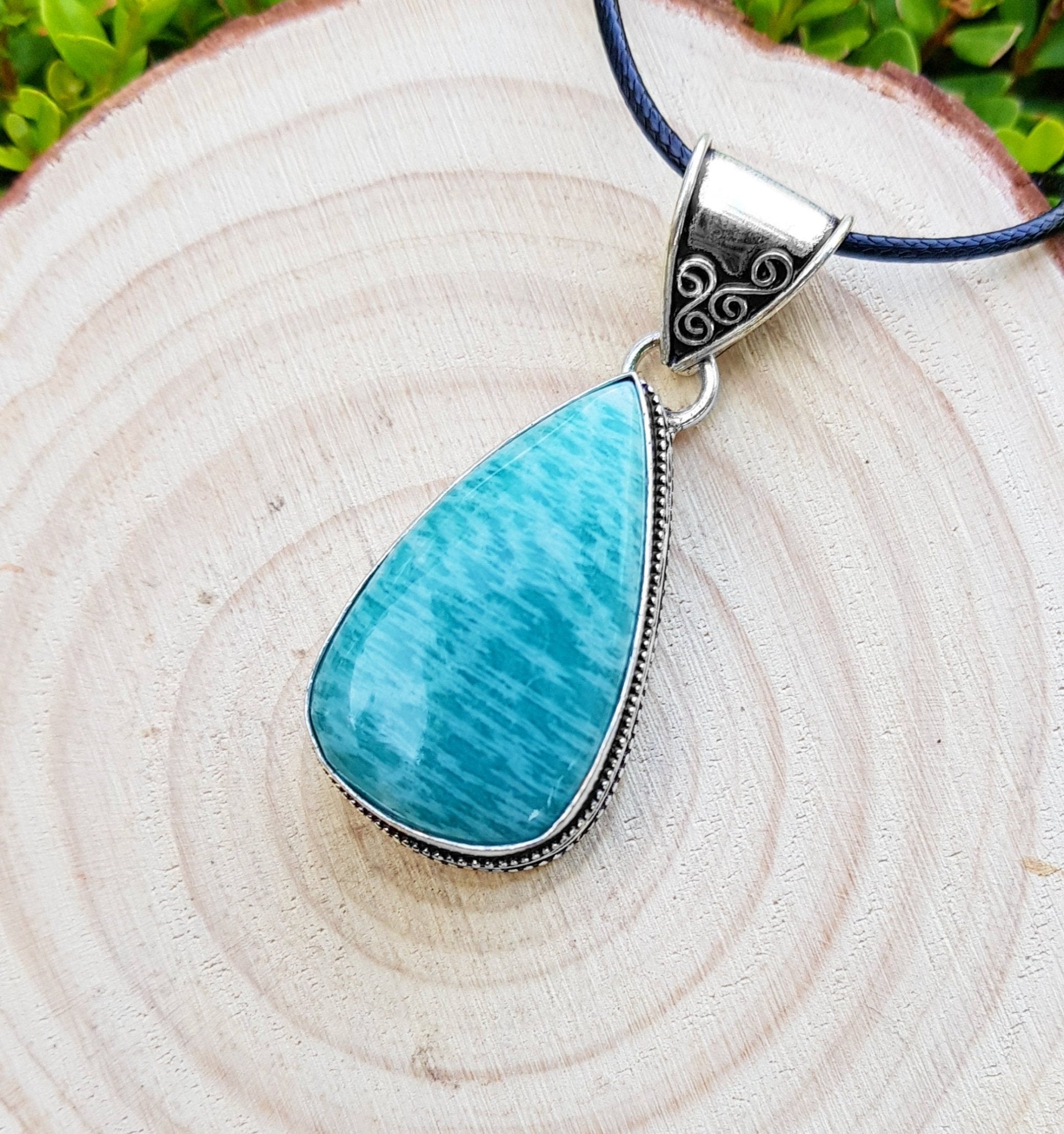 Natural Amazonite Teardrop Pendant In Sterling Silver Oval Statement Necklace Boho Jewelry GypsyJewelry - LunarGem - Necklaces
