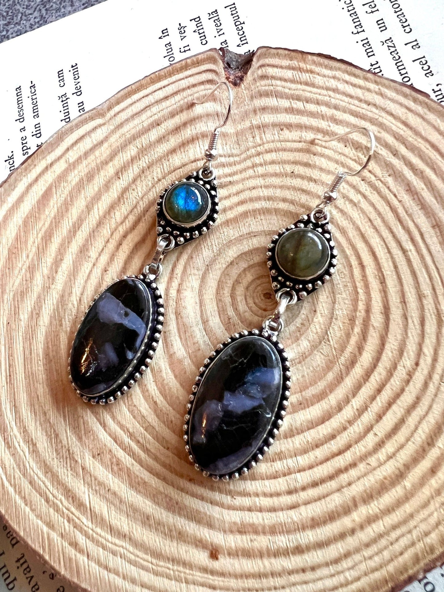 Natural Labradorite And Pietersite Earrings In Sterling Silver One Of A Kind Earrings - LunarGem - 