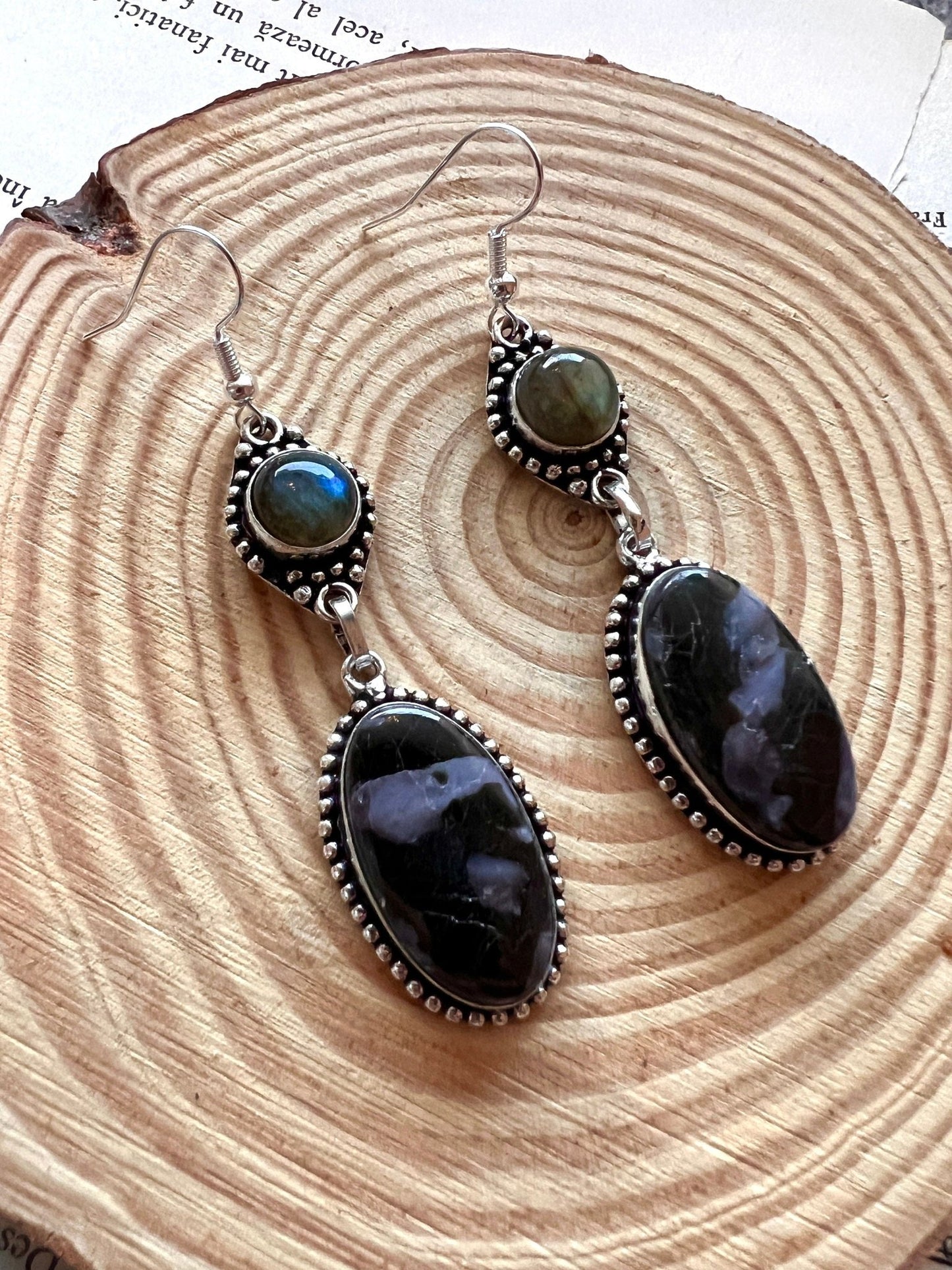 Natural Labradorite And Pietersite Earrings In Sterling Silver One Of A Kind Earrings - LunarGem - 