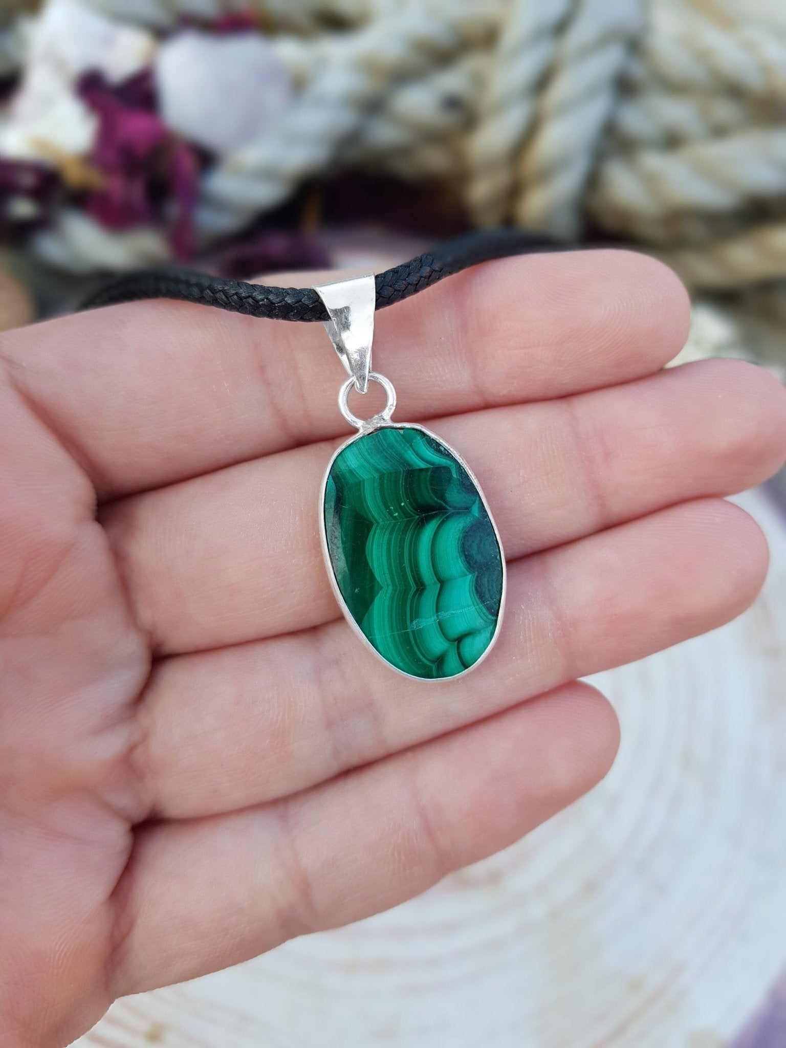 Oval Malachite Pendant: Sterling Silver Boho Necklace - LunarGem - 
