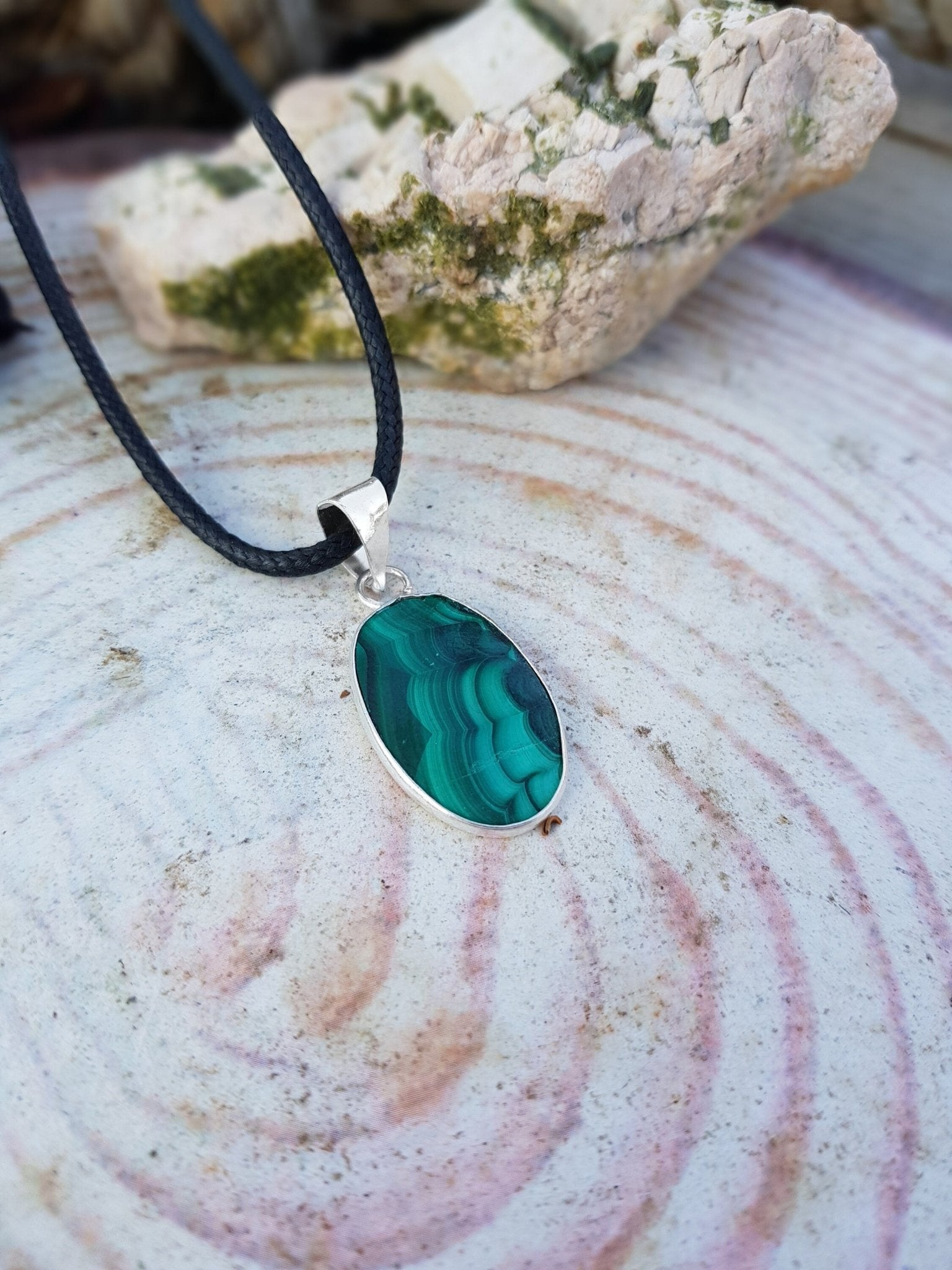 Oval Malachite Pendant: Sterling Silver Boho Necklace - LunarGem - 