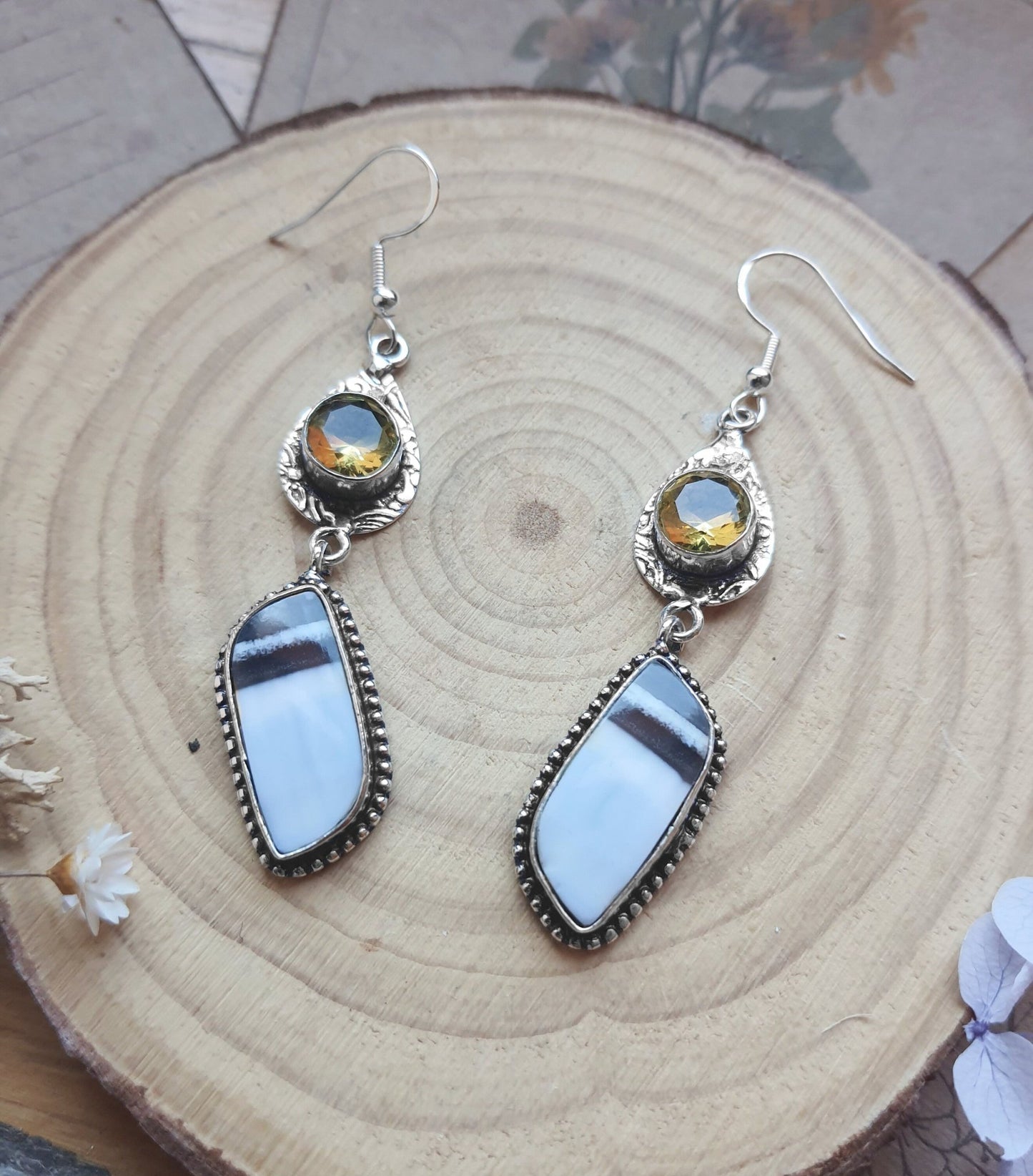 Owyhee Opal Dangle Earrings In Sterling Silver Statement Earrings One Of A Kind - LunarGem - 