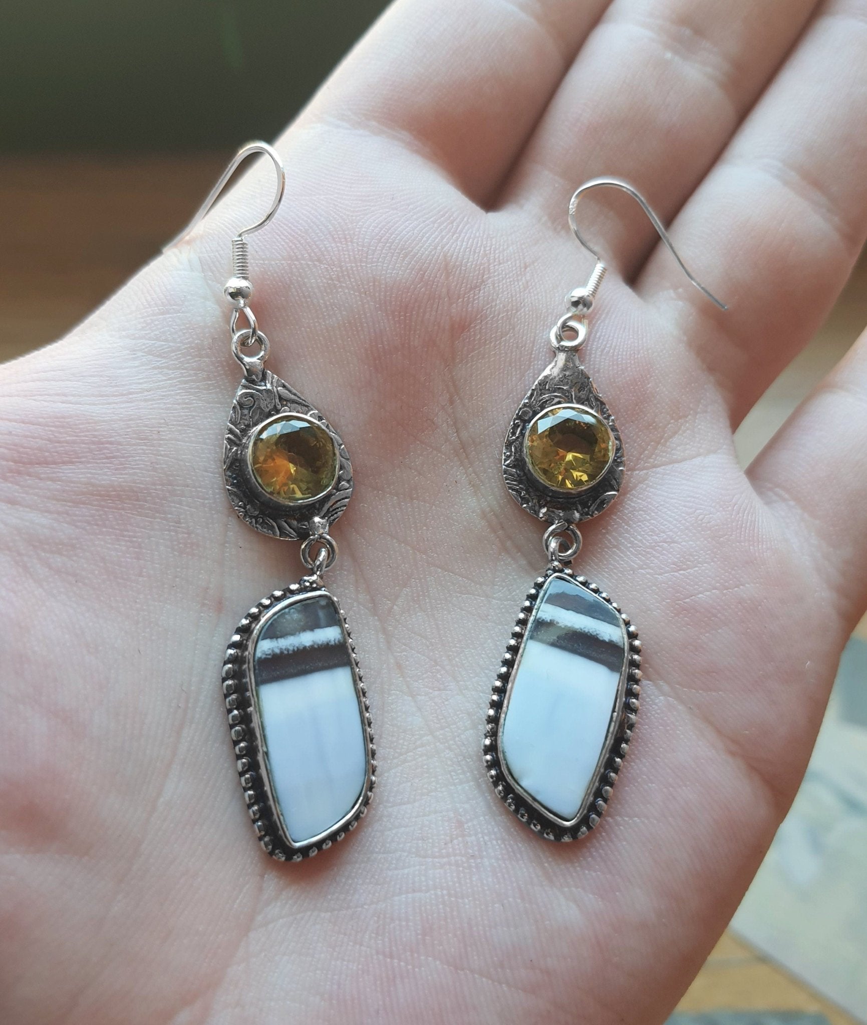 Owyhee Opal Dangle Earrings In Sterling Silver Statement Earrings One Of A Kind - LunarGem - 