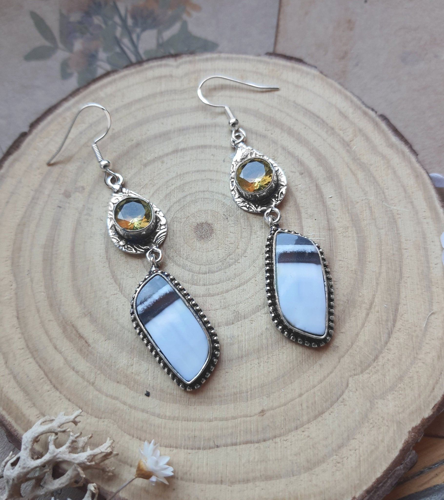 Owyhee Opal Dangle Earrings In Sterling Silver Statement Earrings One Of A Kind - LunarGem - 