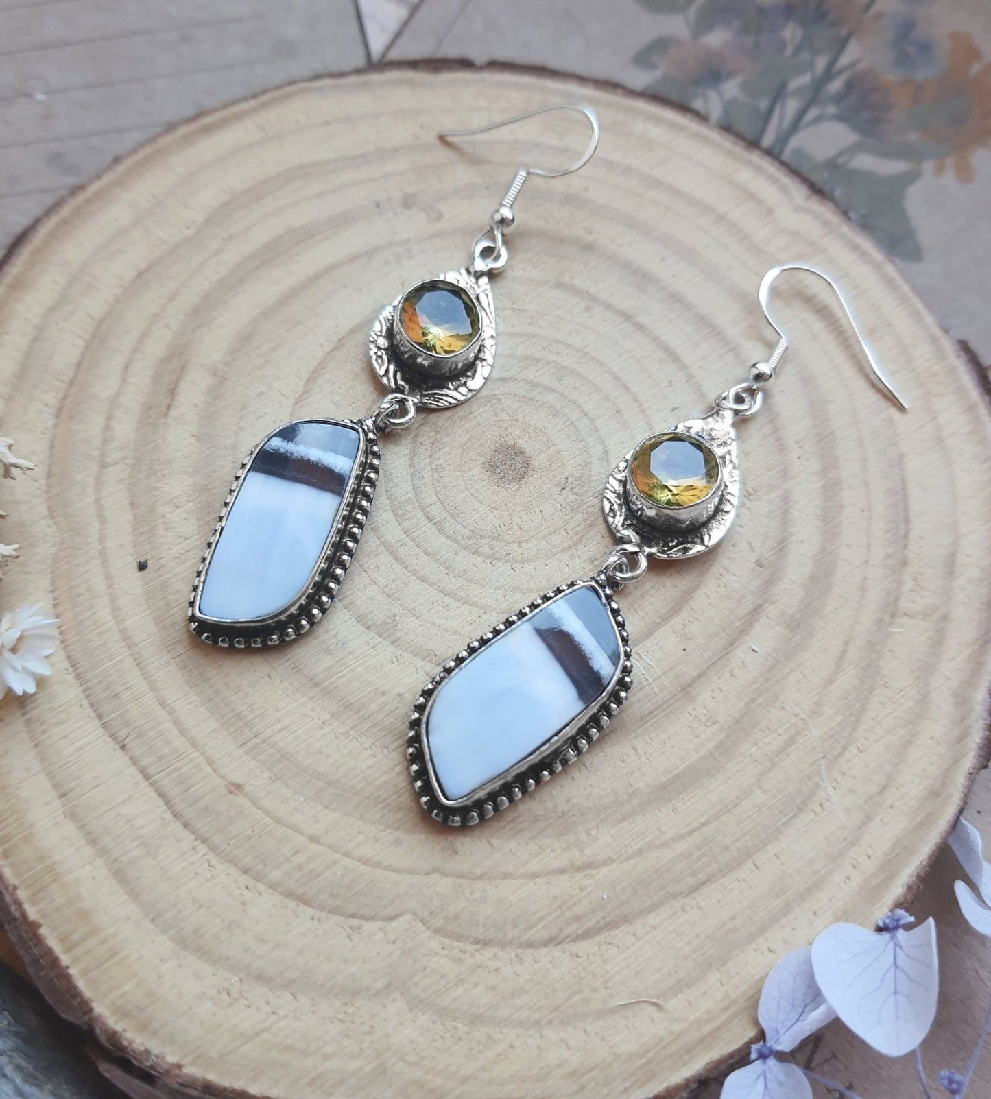 Owyhee Opal Dangle Earrings In Sterling Silver Statement Earrings One Of A Kind - LunarGem - 