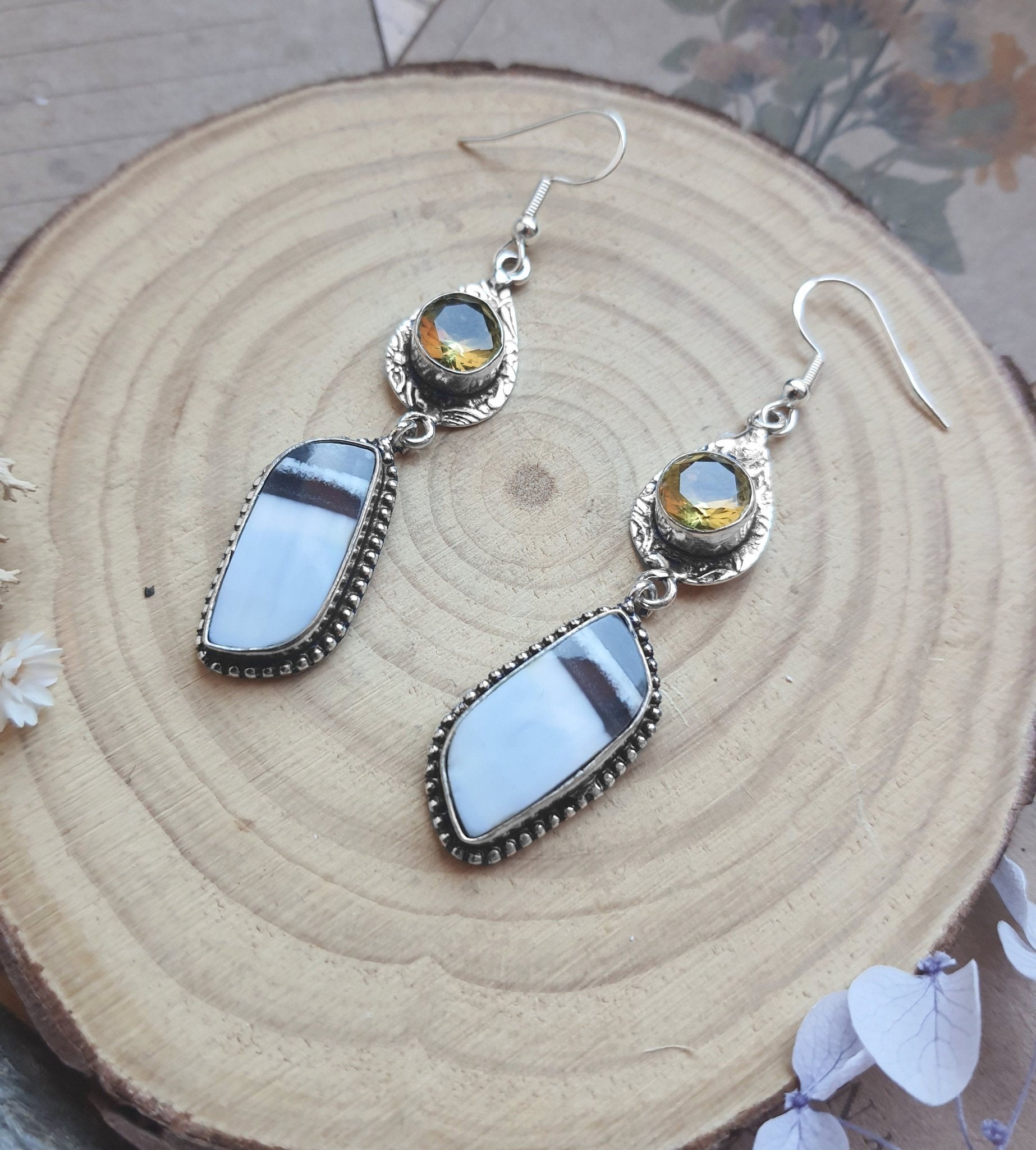 Owyhee Opal Dangle Earrings In Sterling Silver Statement Earrings One Of A Kind - LunarGem - 