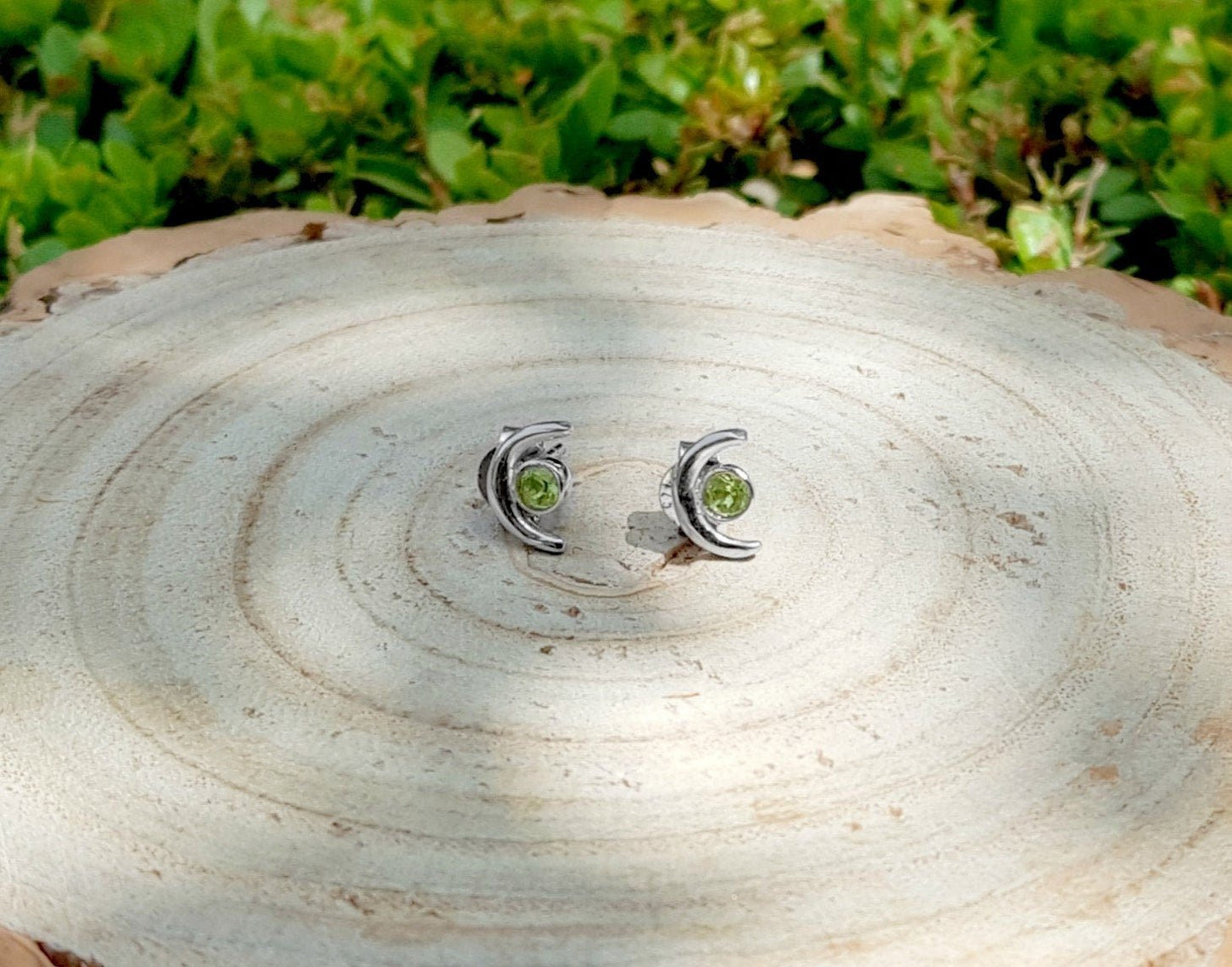 Peridot Crescent Moon Stud Earrings: Sterling Silver August Birthstone - LunarGem - Earrings