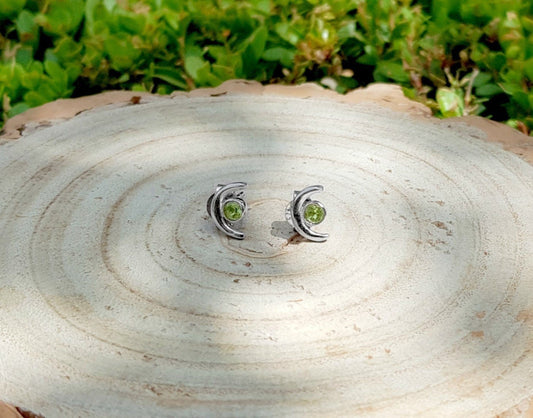 Peridot Crescent Moon Stud Earrings: Sterling Silver August Birthstone - LunarGem - Earrings