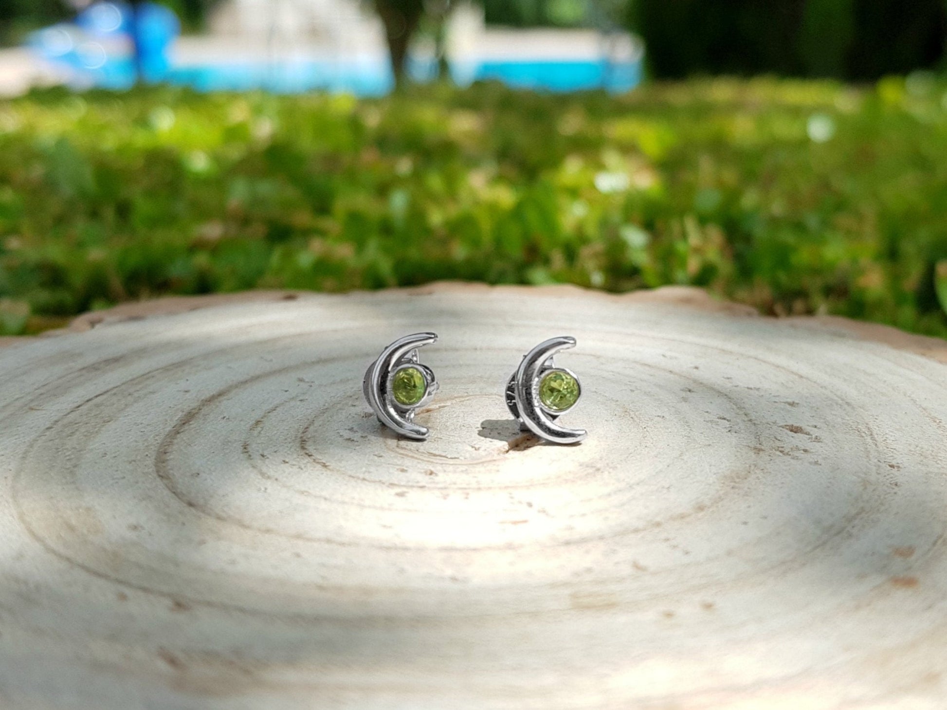 Peridot Crescent Moon Stud Earrings: Sterling Silver August Birthstone - LunarGem - Earrings