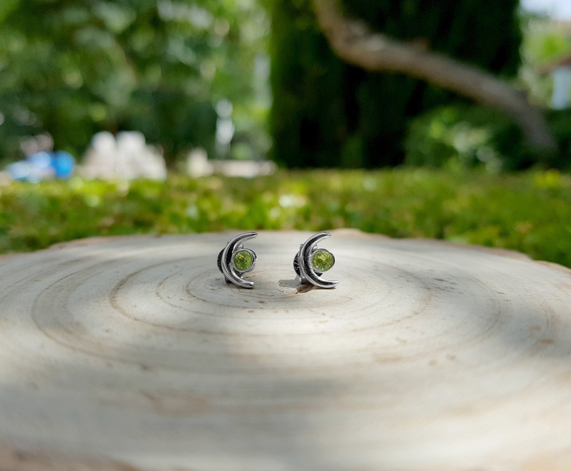 Peridot Crescent Moon Stud Earrings: Sterling Silver August Birthstone - LunarGem - Earrings