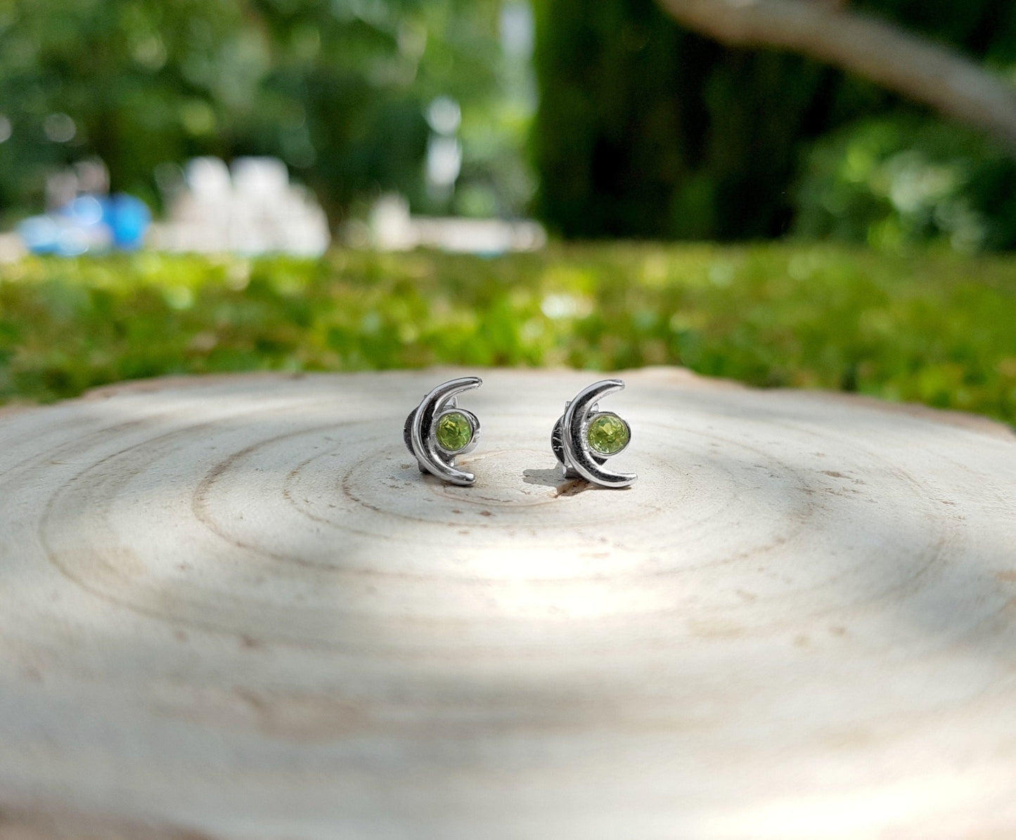 Peridot Crescent Moon Stud Earrings: Sterling Silver August Birthstone - LunarGem - Earrings