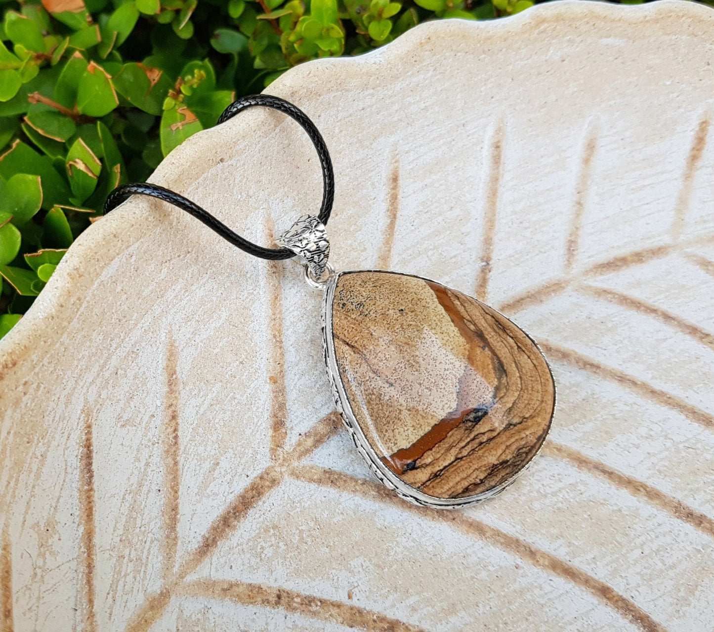Picture Jasper Sterling Silver Teardrop Pendant, Boho Necklace - LunarGem - Jewelry