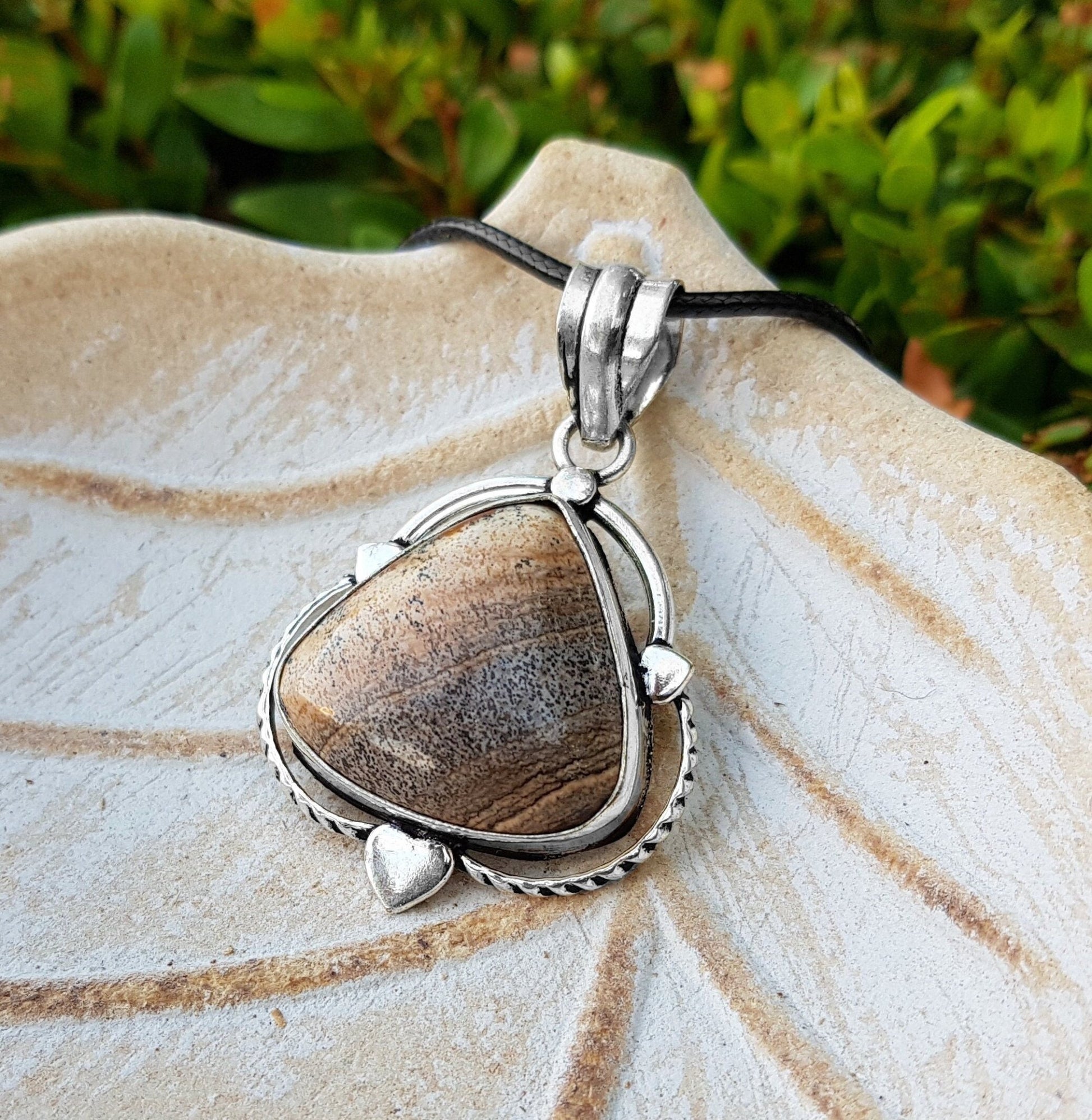 Picture Jasper Sterling Silver Teardrop Pendant, Boho Necklace - LunarGem - Jewelry