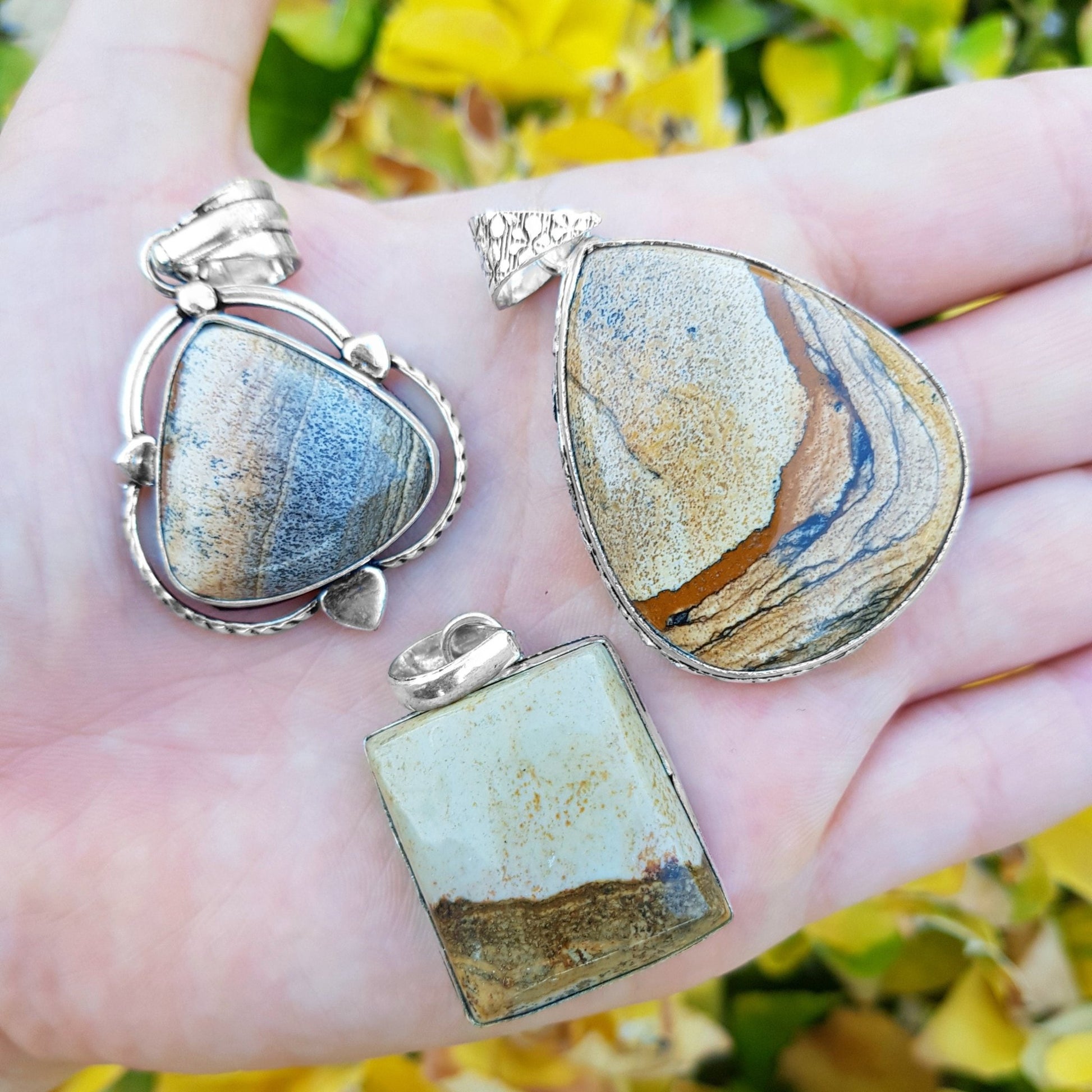 Picture Jasper Sterling Silver Teardrop Pendant, Boho Necklace - LunarGem - Jewelry