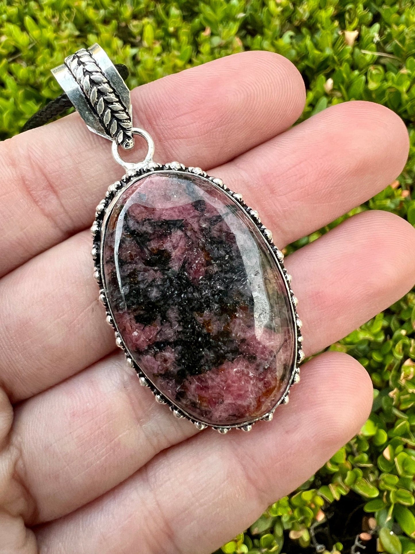 Pink Rhodonite Pendant In Sterling Silver Boho Crystal Necklace Unique Gift Gypsy Jewellery - LunarGem - 