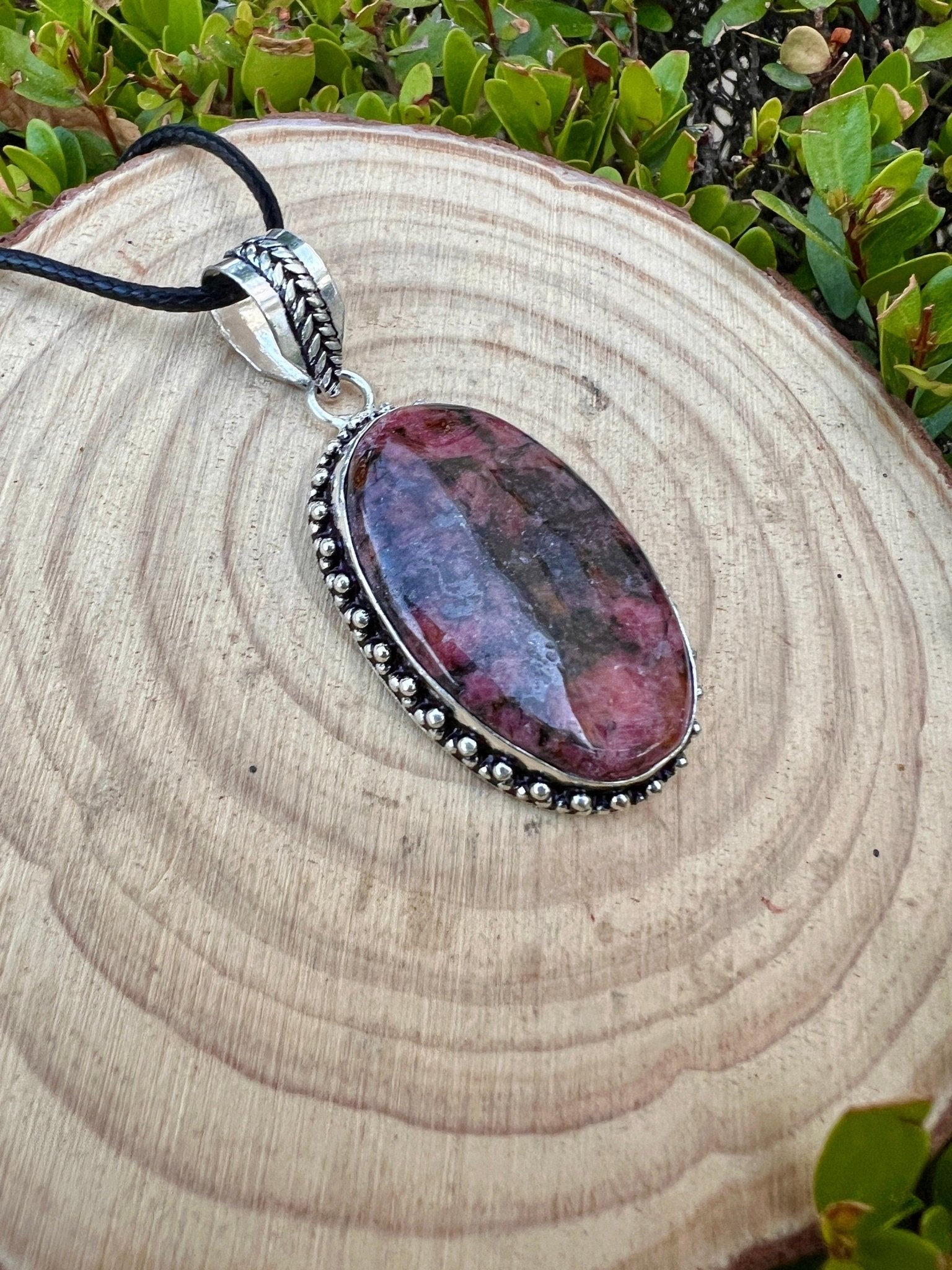 Pink Rhodonite Pendant In Sterling Silver Boho Crystal Necklace Unique Gift Gypsy Jewellery - LunarGem - 