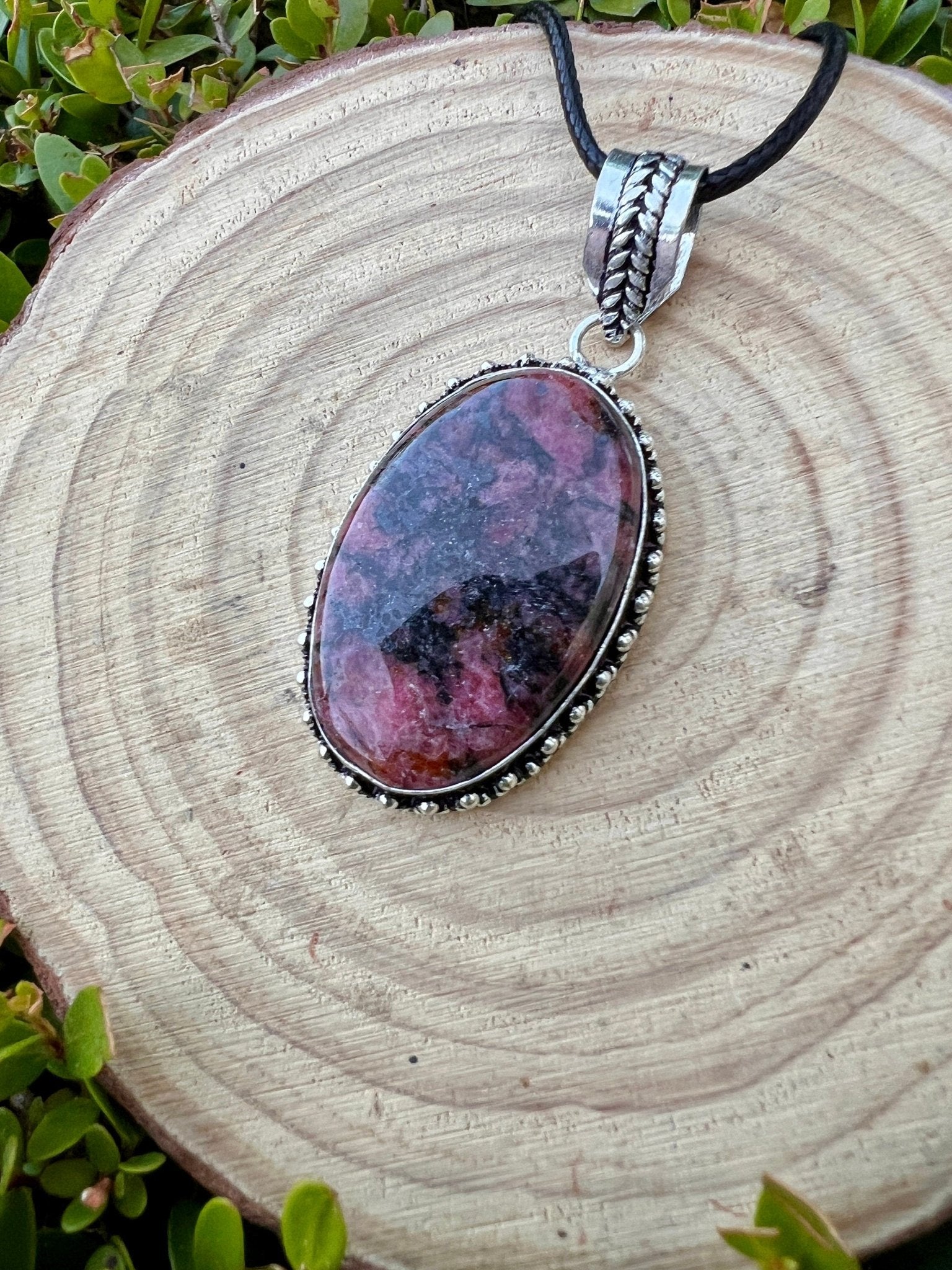 Pink Rhodonite Pendant In Sterling Silver Boho Crystal Necklace Unique Gift Gypsy Jewellery - LunarGem - 