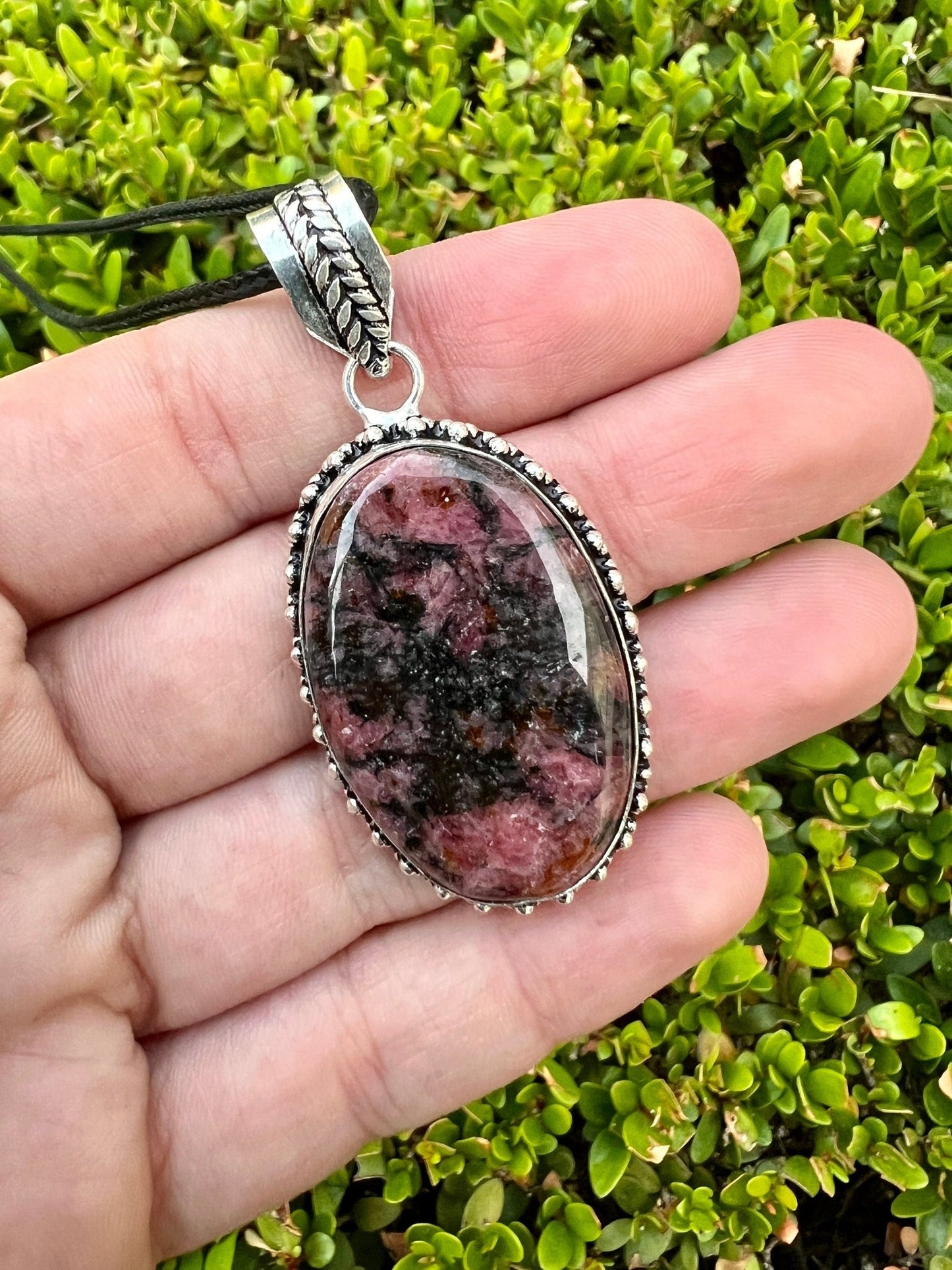 Pink Rhodonite Pendant In Sterling Silver Boho Crystal Necklace Unique Gift Gypsy Jewellery - LunarGem - 
