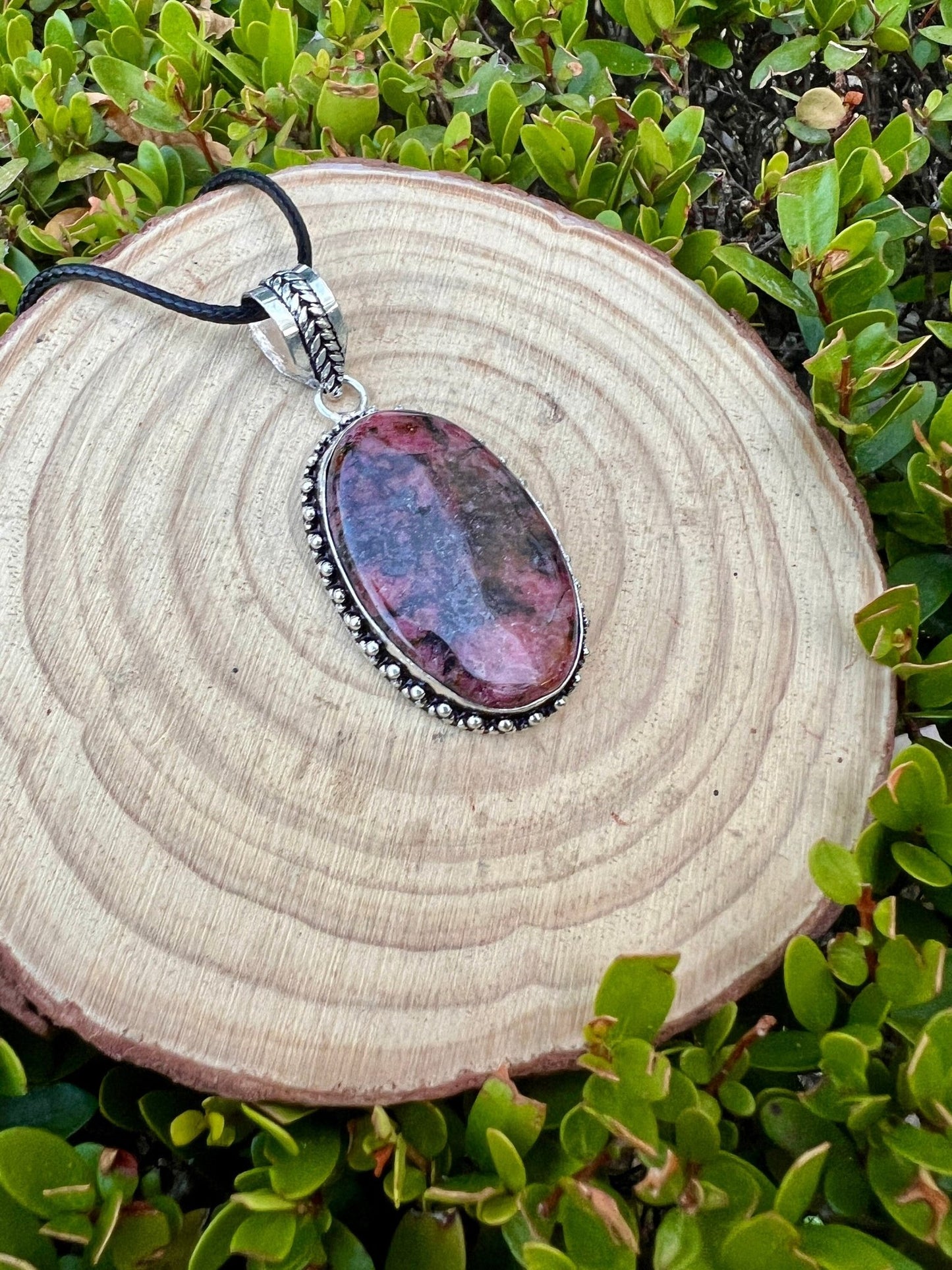 Pink Rhodonite Pendant In Sterling Silver Boho Crystal Necklace Unique Gift Gypsy Jewellery - LunarGem - 