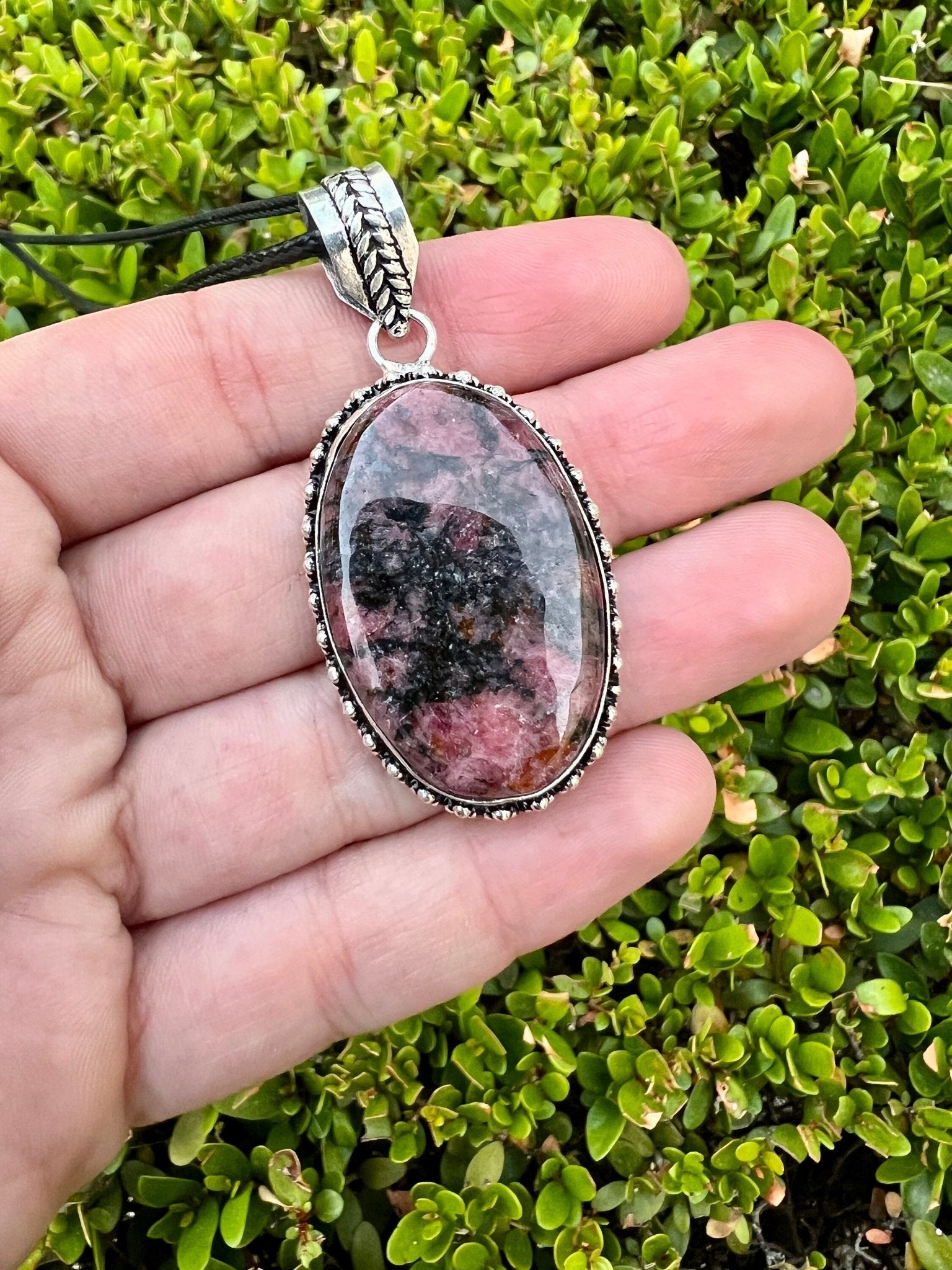 Pink Rhodonite Pendant In Sterling Silver Boho Crystal Necklace Unique Gift Gypsy Jewellery - LunarGem - 