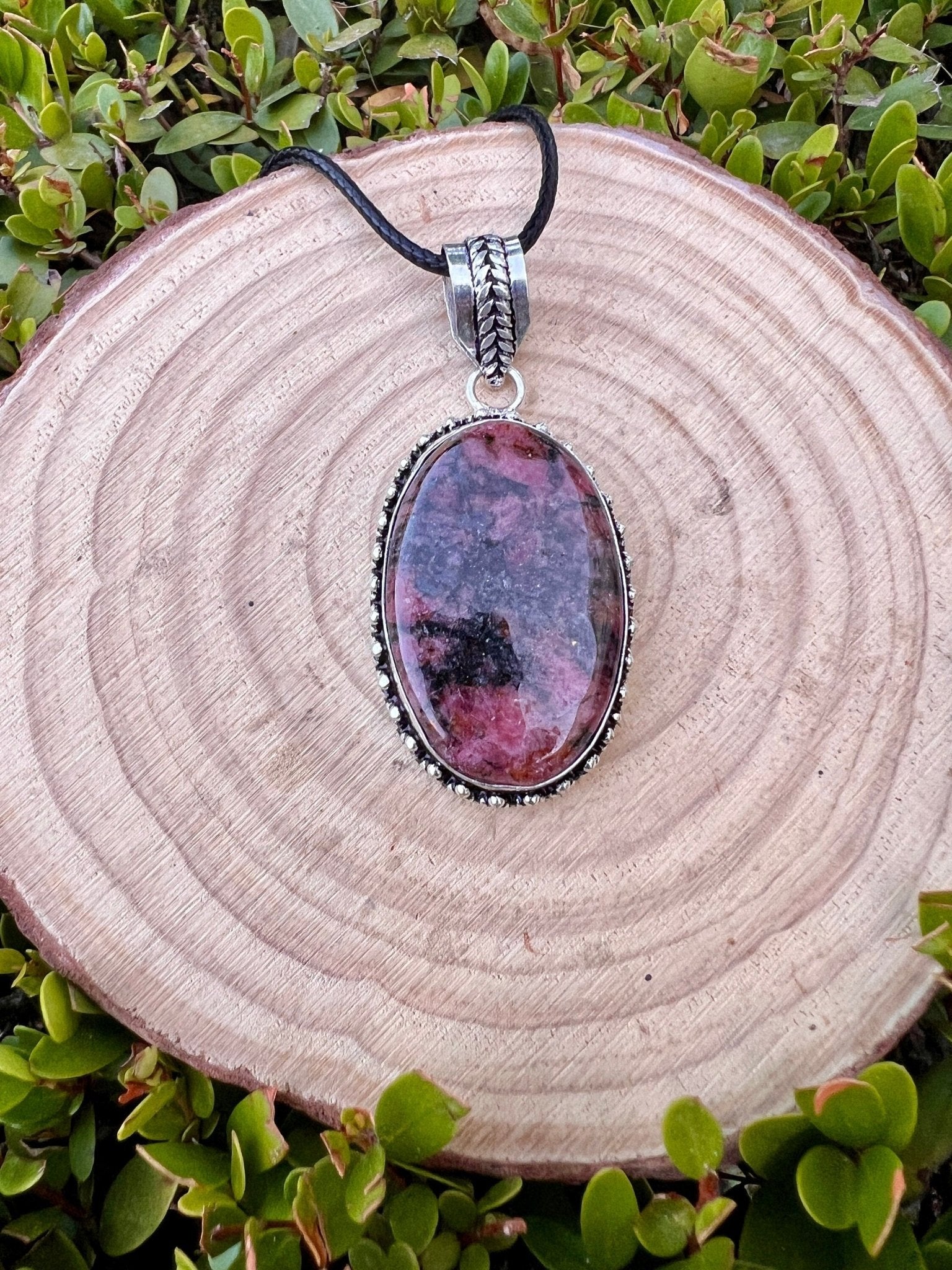 Pink Rhodonite Pendant In Sterling Silver Boho Crystal Necklace Unique Gift Gypsy Jewellery - LunarGem - 