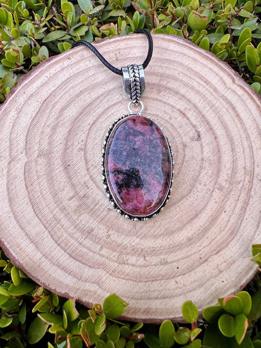 Pink Rhodonite Pendant In Sterling Silver Boho Crystal Necklace Unique Gift Gypsy Jewellery - LunarGem - 