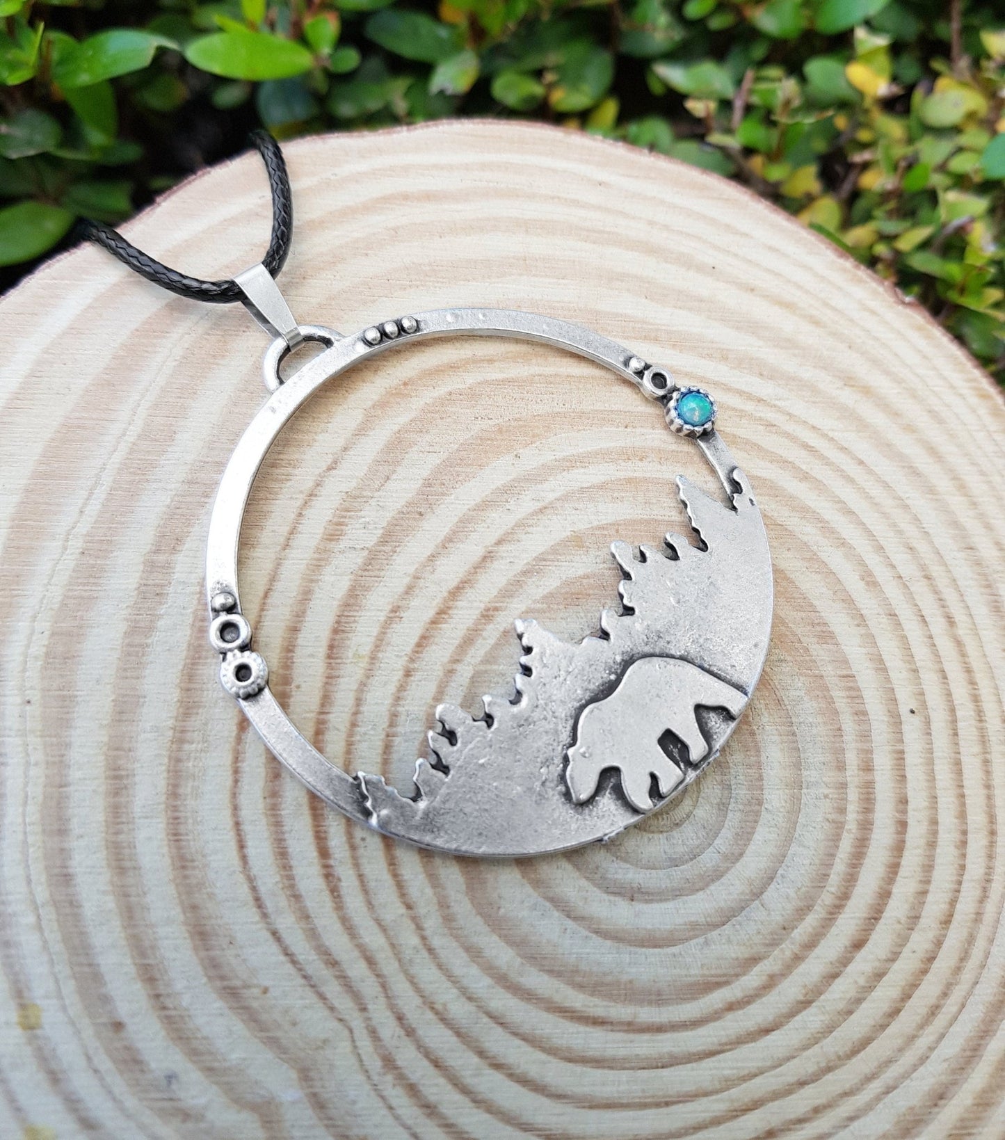 Polar Bear Necklace: Arctic Opal Pendant, Silver Plated - LunarGem - 