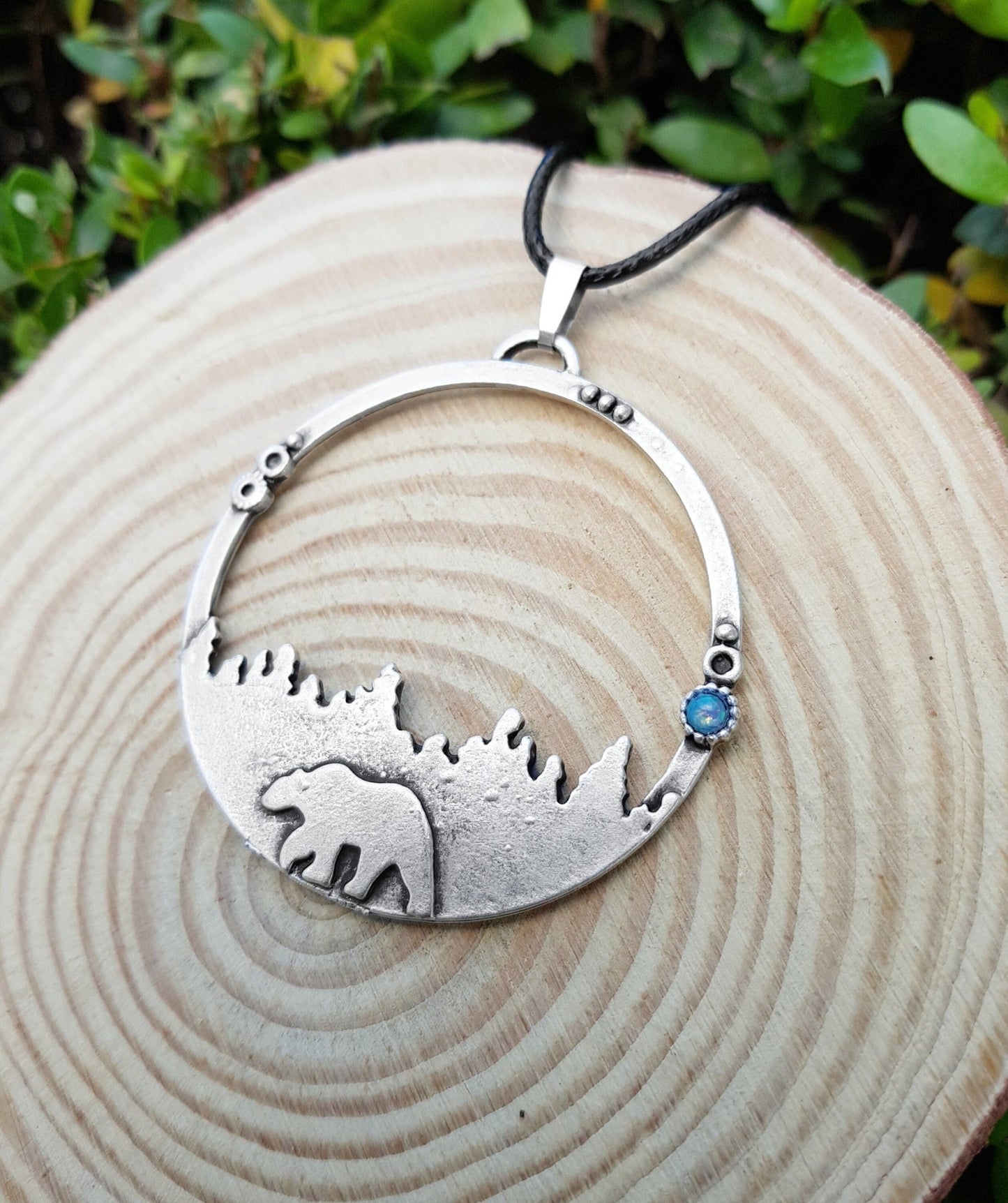 Polar Bear Necklace: Arctic Opal Pendant, Silver Plated - LunarGem - 