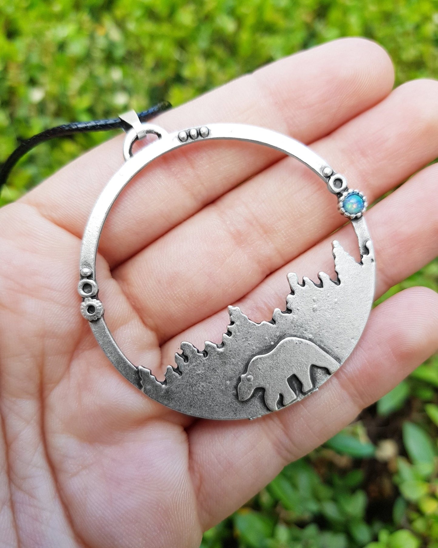 Polar Bear Necklace: Arctic Opal Pendant, Silver Plated - LunarGem - 