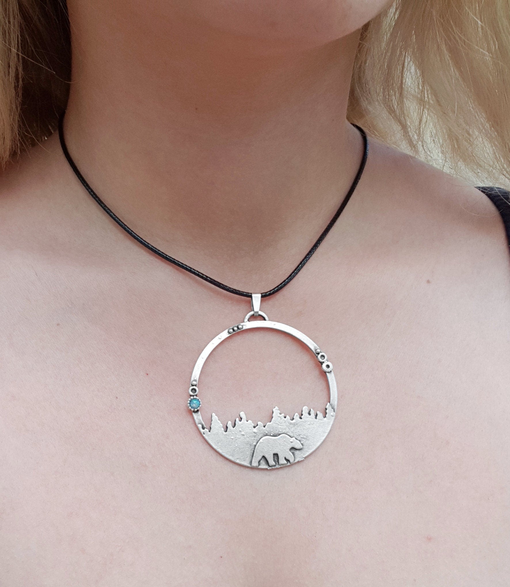 Polar Bear Necklace: Arctic Opal Pendant, Silver Plated - LunarGem - 